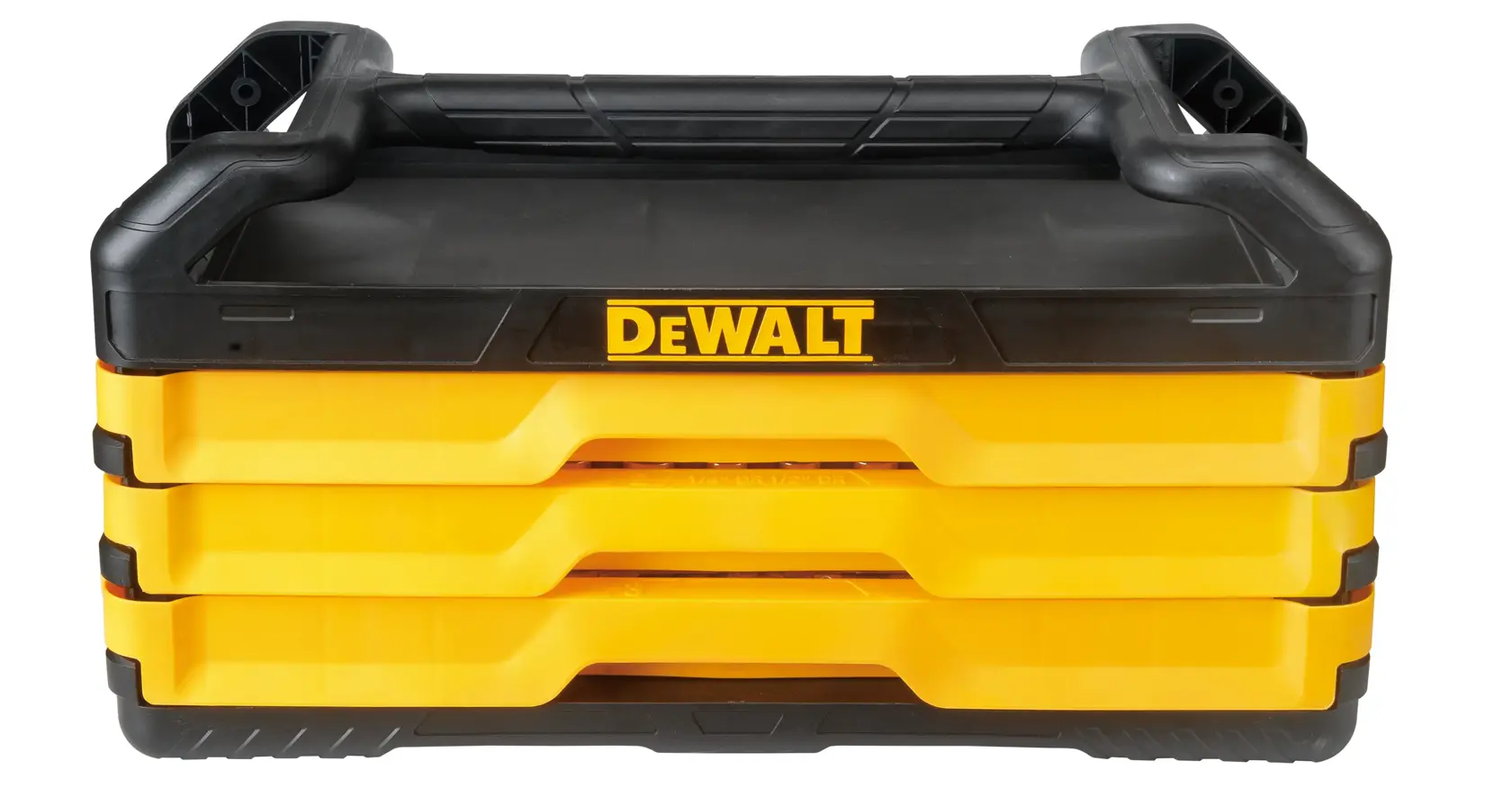 Front view of a DEWALT branded stackable yellow and black tool box with three compartments and large side handles.
