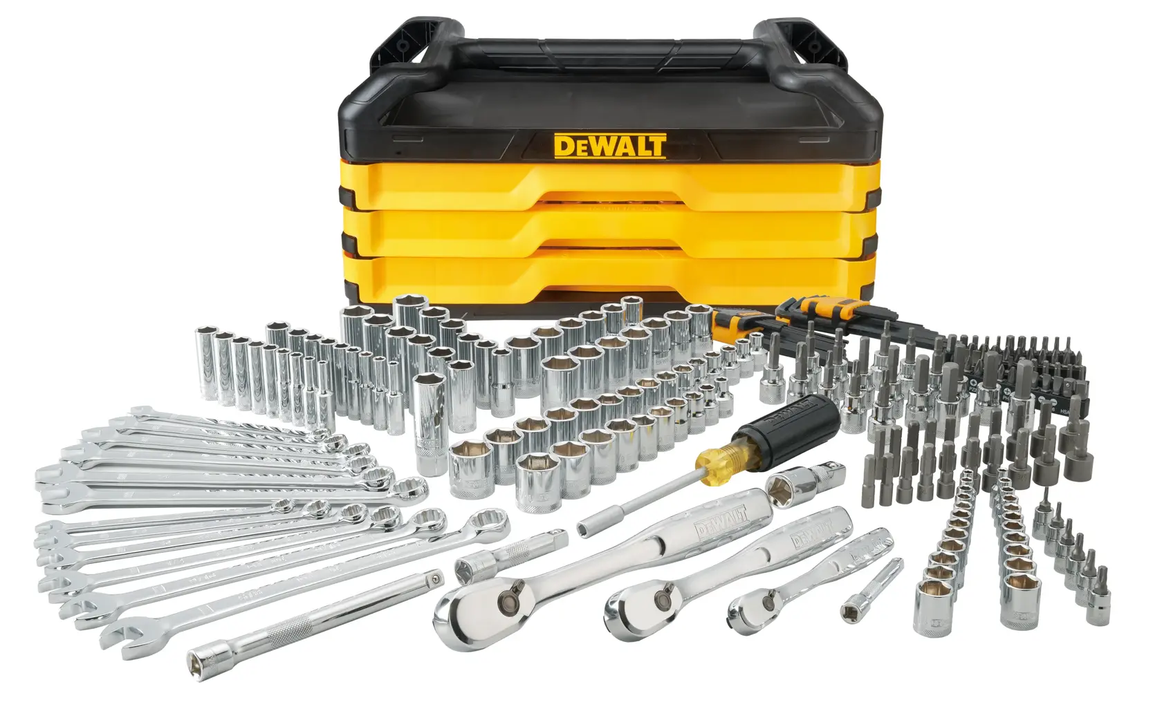 A DEWALT tool set with various sockets, wrenches, ratchets, screwdriver bits, and extensions arranged in front of a yellow and black hard plastic carrying case.