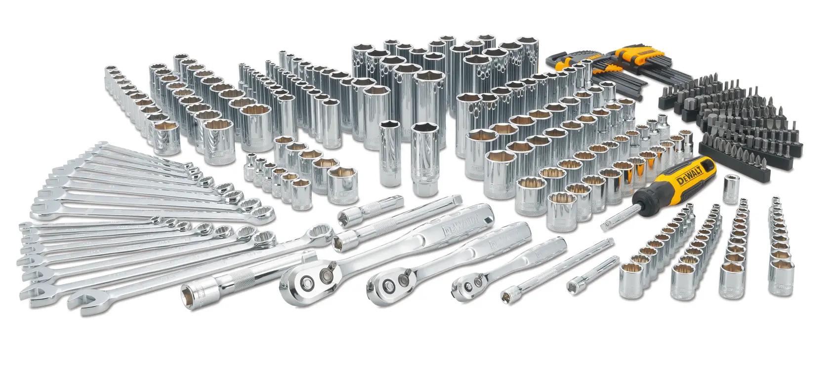 Large DEWALT tool set featuring various socket wrenches, ratchets, extension bars, combination wrenches, hex keys, screwdriver bits, and a yellow-handled screwdriver, all neatly arranged.