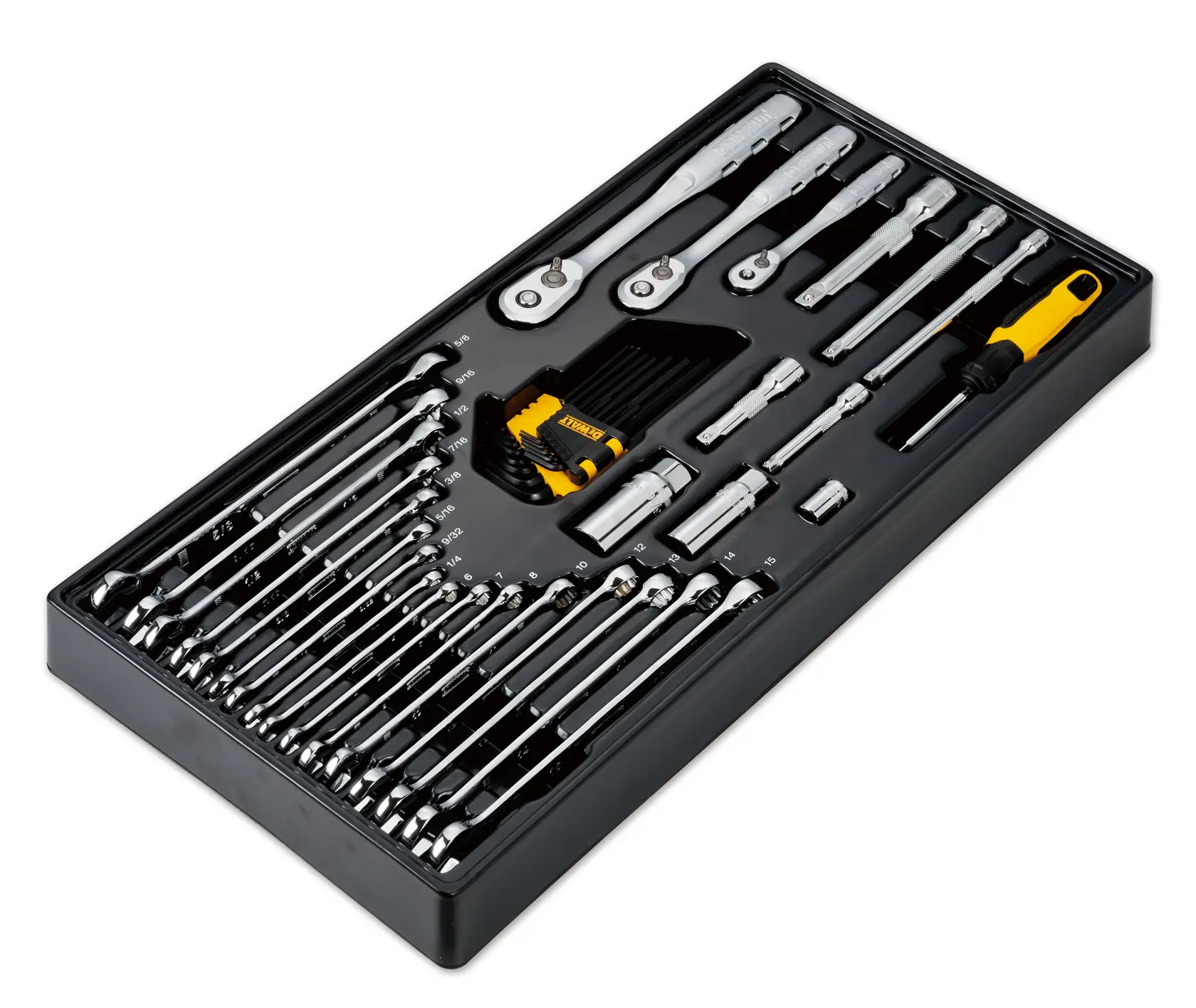 A DEWALT tool set in a black tray, including ratchets, wrenches, screwdrivers, sockets, and hex keys, all neatly organized.