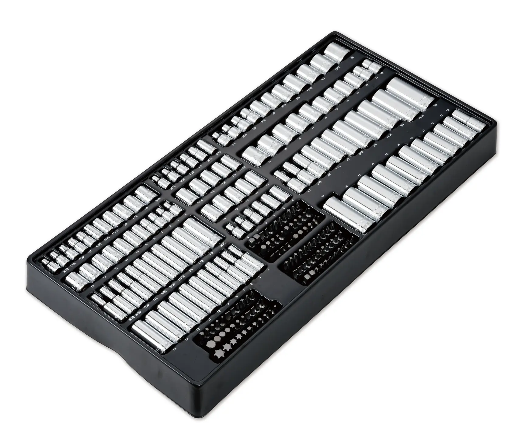 A black tray containing an assortment of chrome socket wrenches and bits, organized neatly in rows.