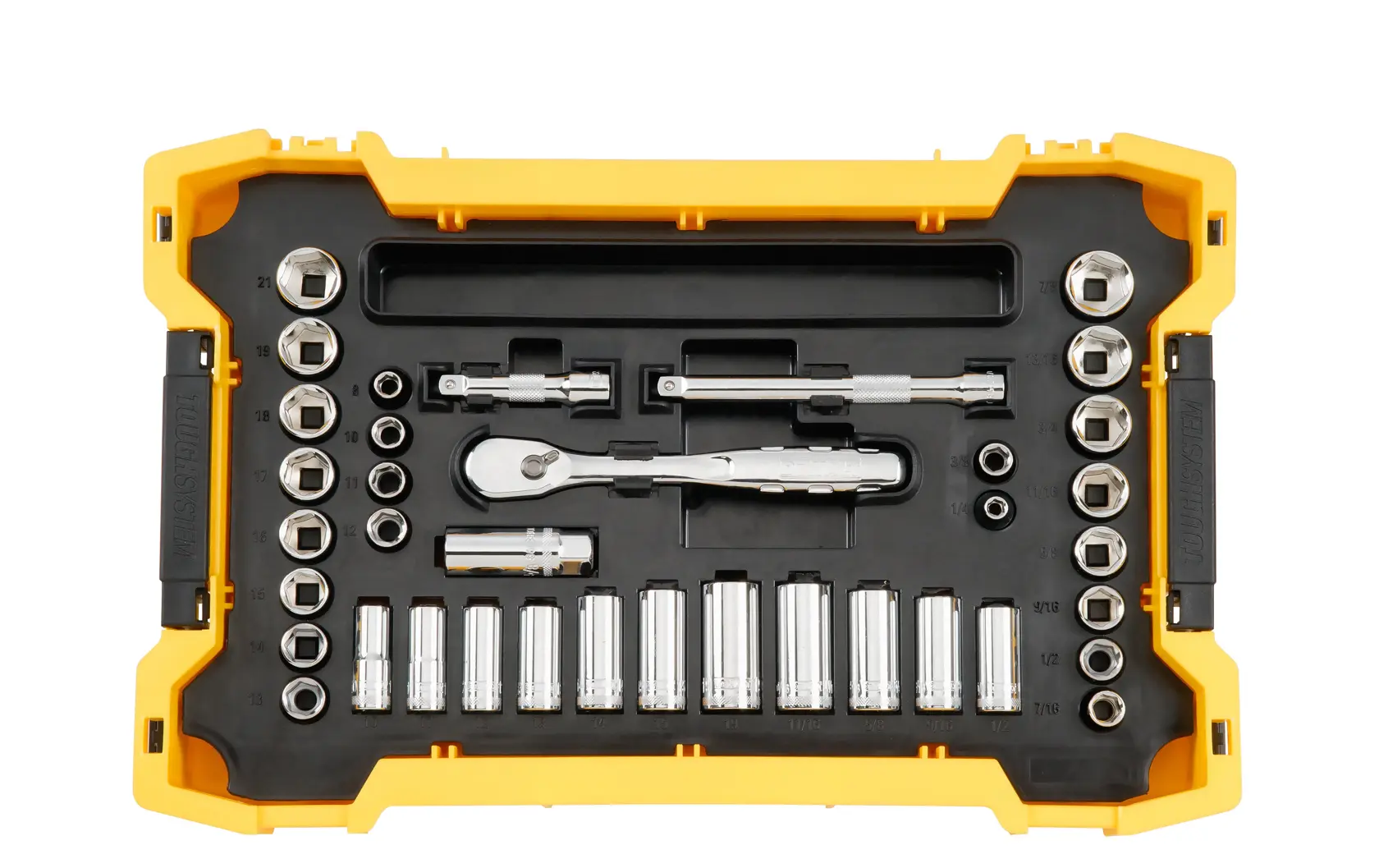 A DEWALT socket wrench set in a yellow and black carrying case, containing various sockets, a ratchet, and extension bars, neatly organized.