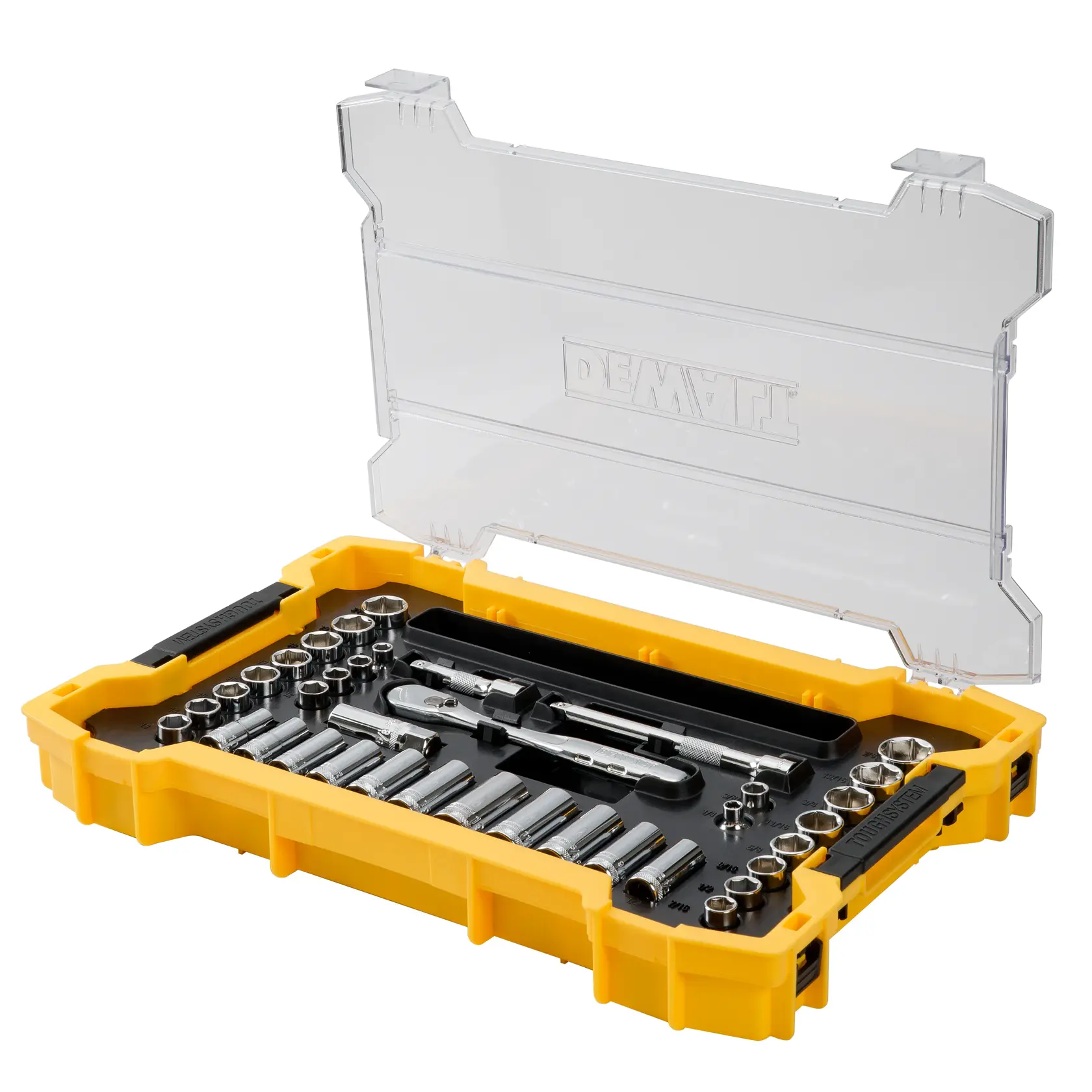 A yellow DEWALT plastic tool case with a transparent lid is open, displaying a socket and ratchet set organized neatly inside.