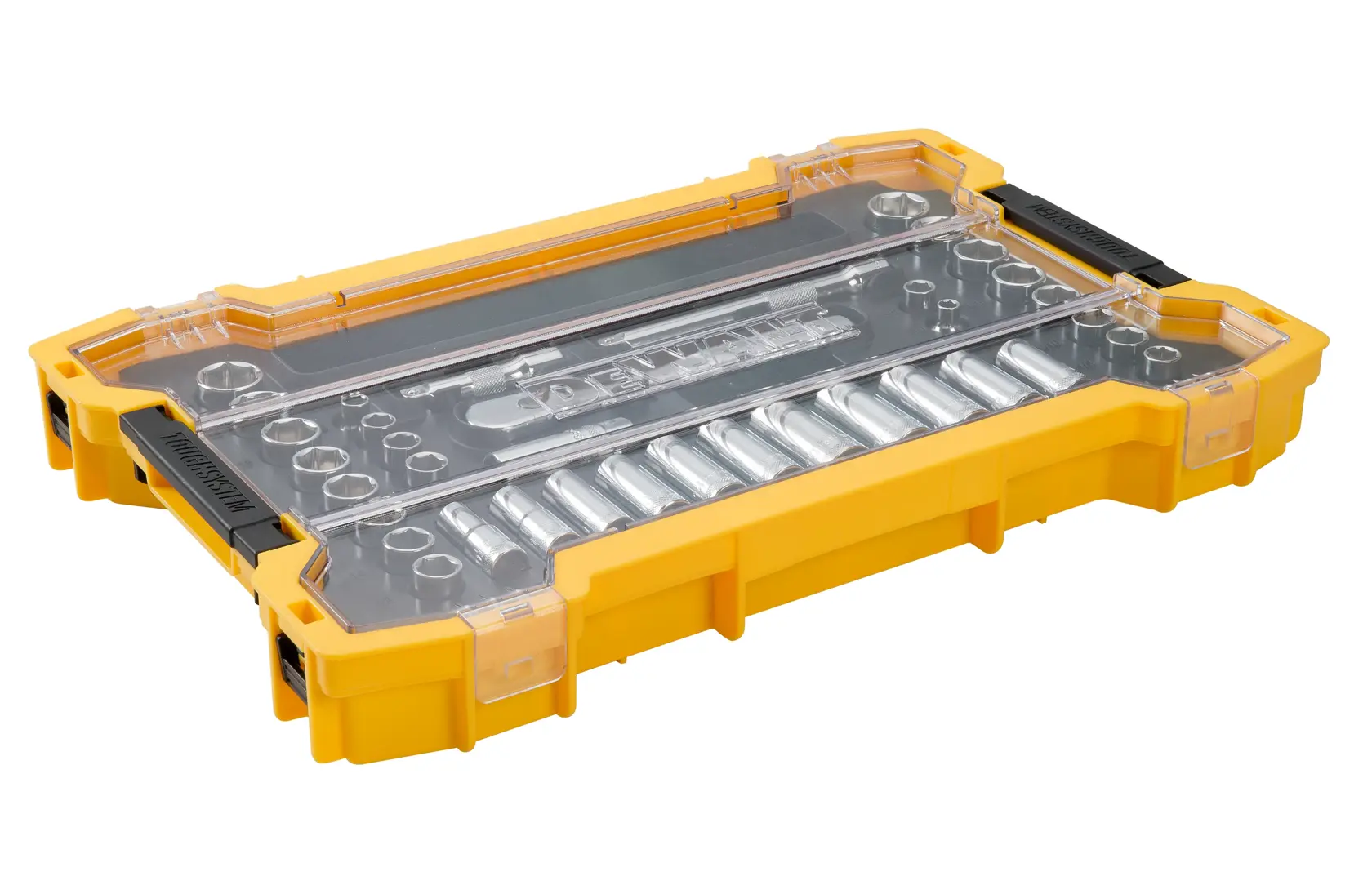 A yellow DEWALT socket set case with a transparent lid, containing various sockets and hand tools organized inside.