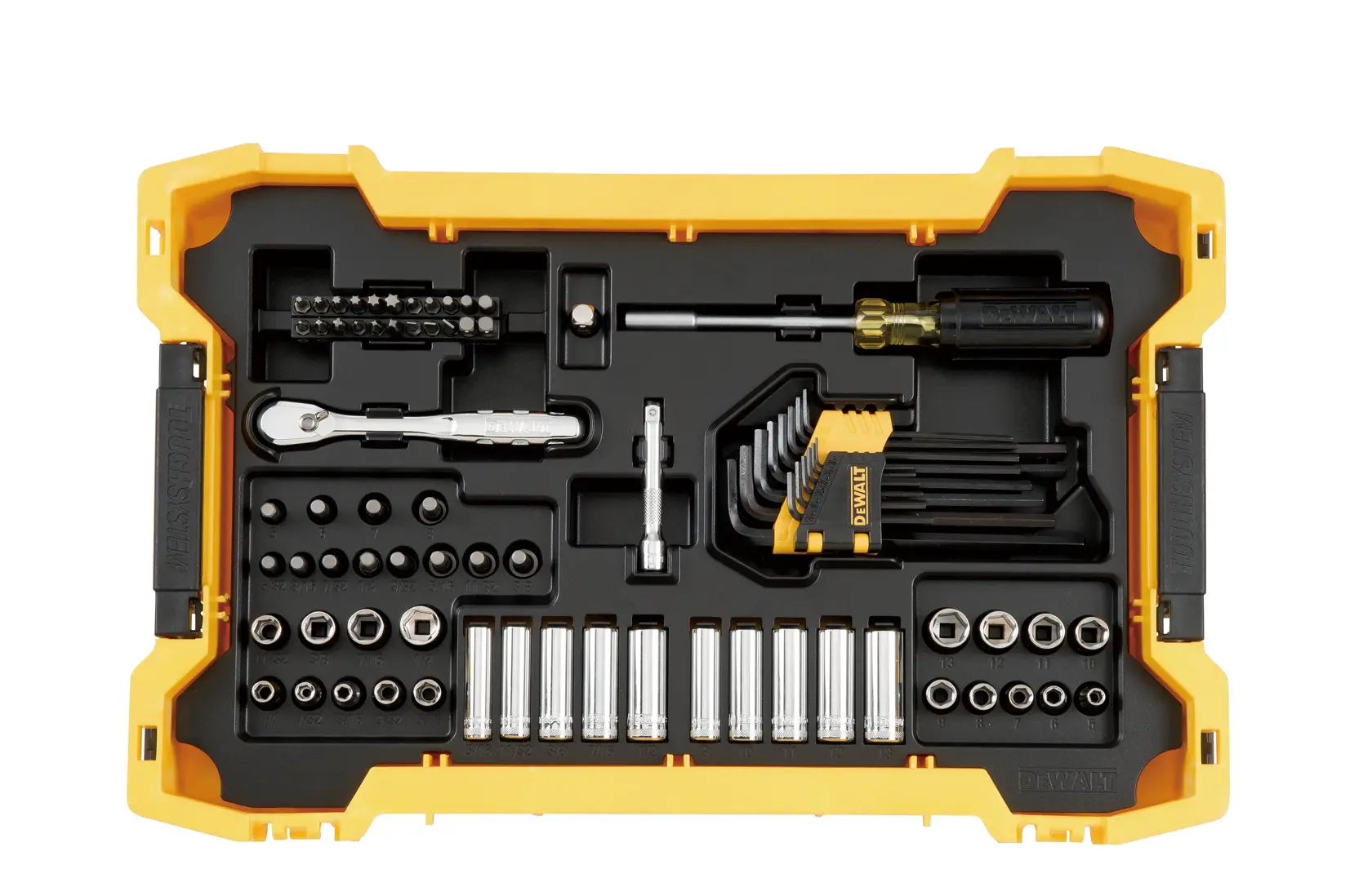 A DEWALT tool set arranged in a yellow and black hard plastic case. The set includes various sockets, hex keys, screwdriver bits, a ratchet wrench, a screwdriver, and other accessory pieces.