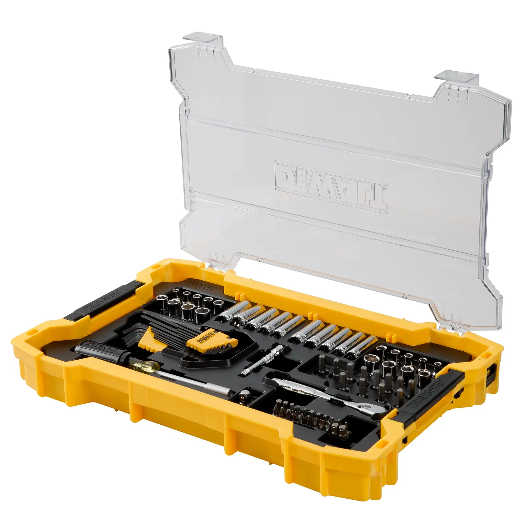 A yellow DEWALT tool kit with a transparent lid, containing various sockets, screw bits and hand tools organized neatly in compartments.