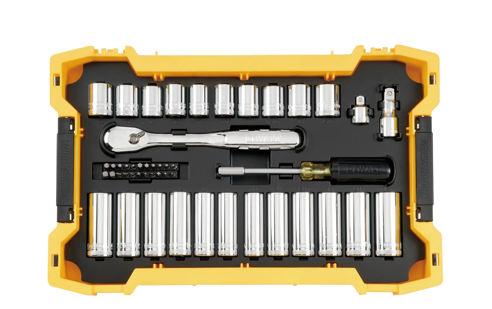 A DEWALT socket and ratchet set in a yellow and black case, displaying various sockets, a ratchet, screwdriver bits, and accessories neatly organized.