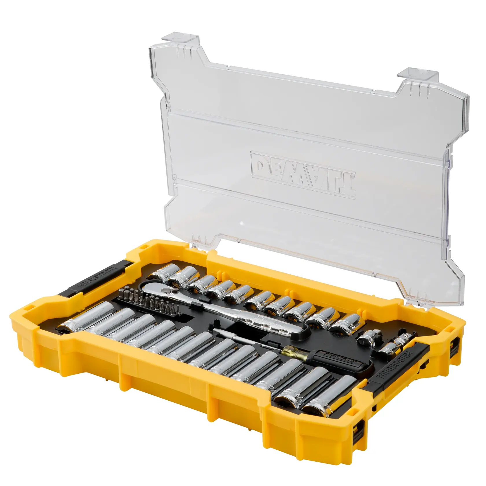 A DEWALT socket and ratchet set with multiple pieces, including sockets, a ratchet, and screwdriver bits, neatly arranged in a yellow plastic case with a transparent lid.