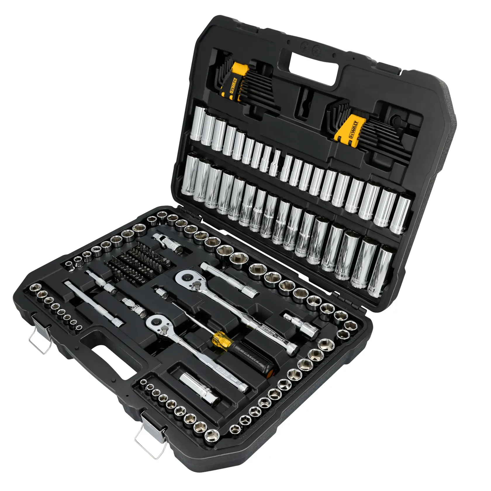 A black DEWALT carrying case containing a comprehensive socket and ratchet tool set. The case includes various sizes of chrome sockets, ratchets, extension bars, hex keys, and screwdriver bits, neatly organized in molded slots.