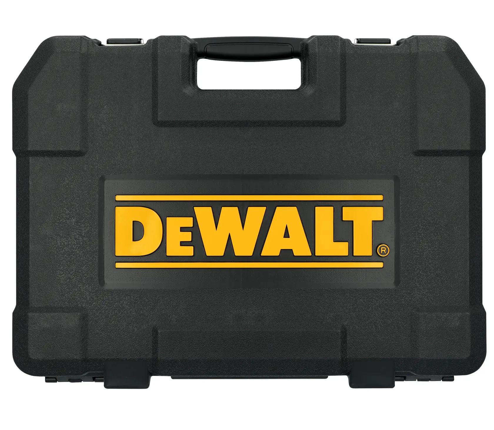 A black hard plastic carrying case with the DEWALT logo in yellow prominently displayed on the front. The case features a sturdy handle at the top.