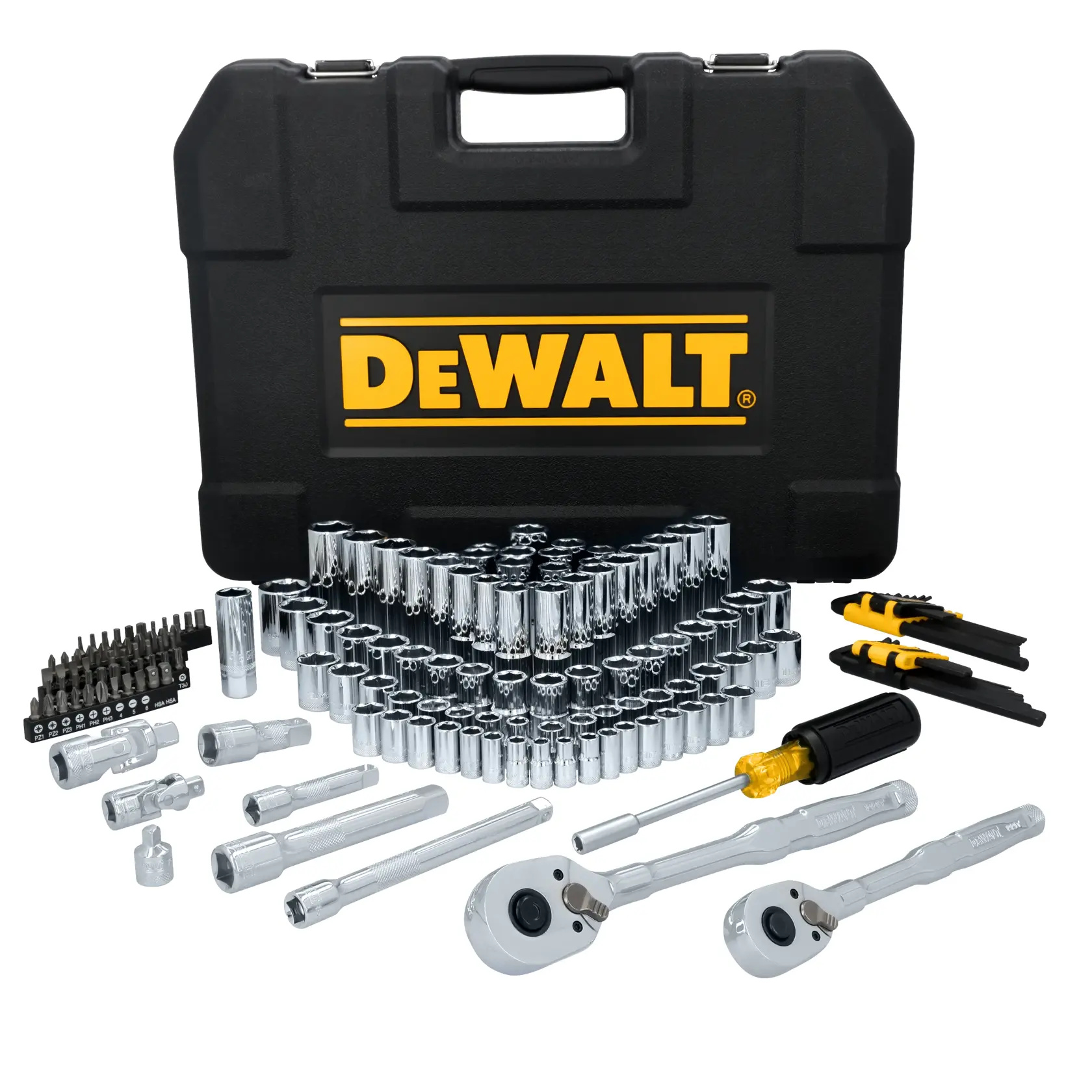 A DEWALT socket and tool set with a black carrying case. The set includes various chrome sockets, ratchets, screwdrivers, extension bars, and assortment of bits organized in front of the case. Some tools have yellow and black handles.