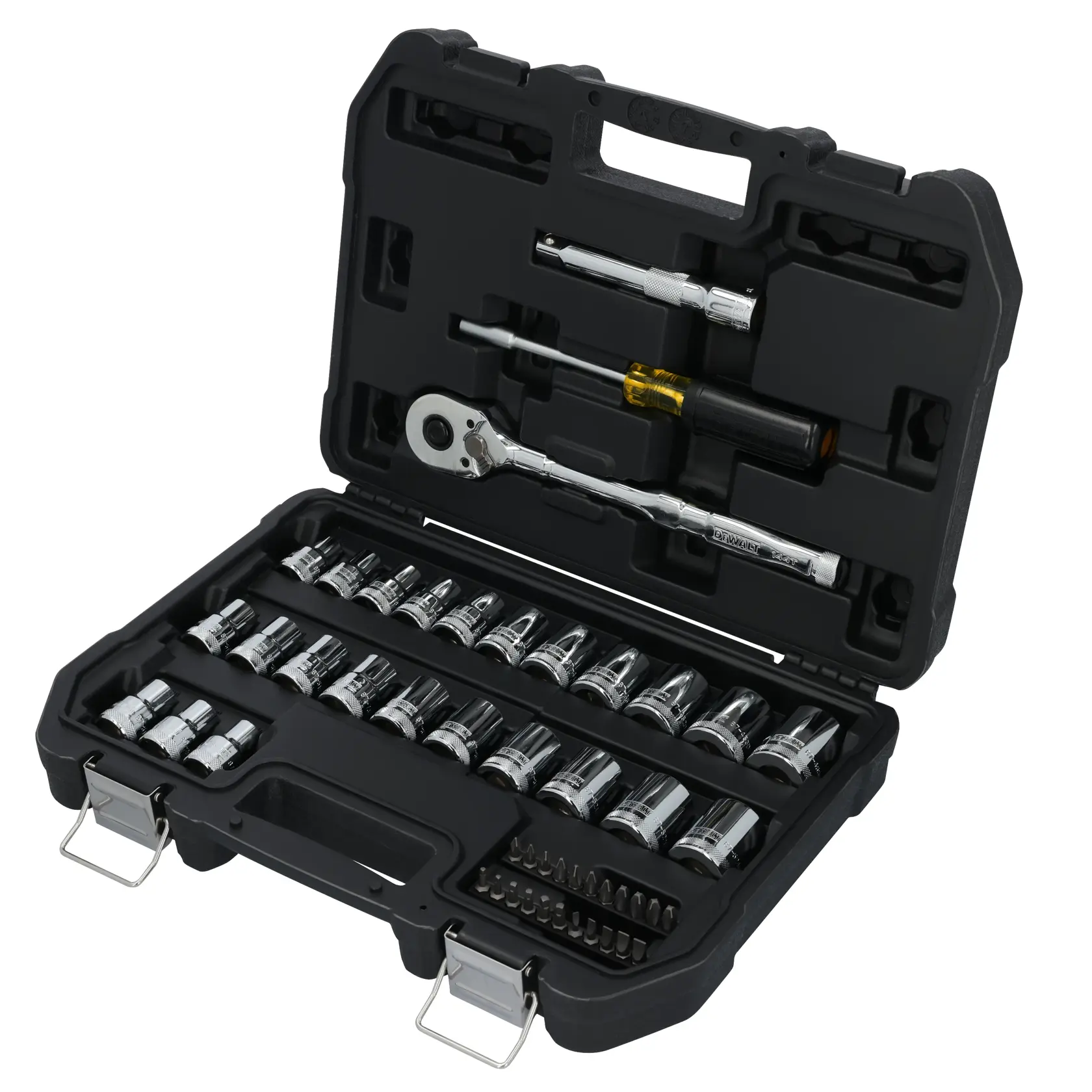A black DEWALT tool case opened to show various chrome socket wrenches, a ratchet, screwdrivers, and several bits arranged inside.
