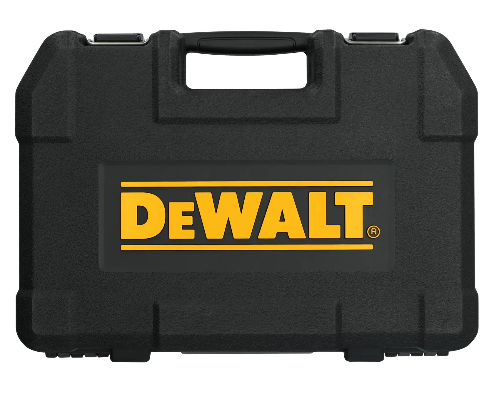 A black hard plastic carrying case with the yellow DEWALT logo on the front. The case has a sturdy handle and metal latches.