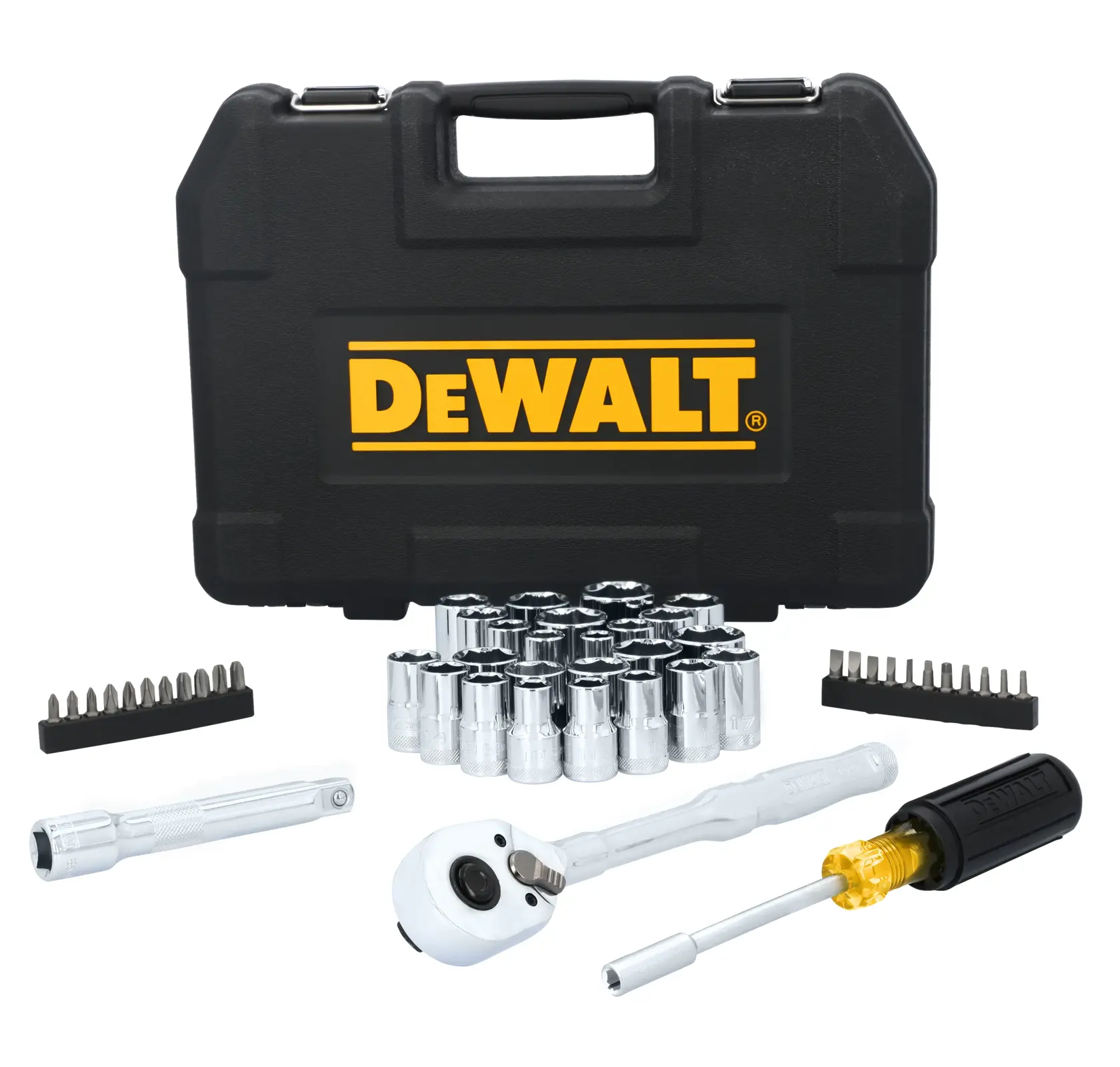 A DEWALT tool set featuring a black carrying case with the DEWALT logo, multiple chrome sockets, a ratchet, bit driver, screwdriver, extension bar, and two sets of screwdriver bits, arranged in front of the case.