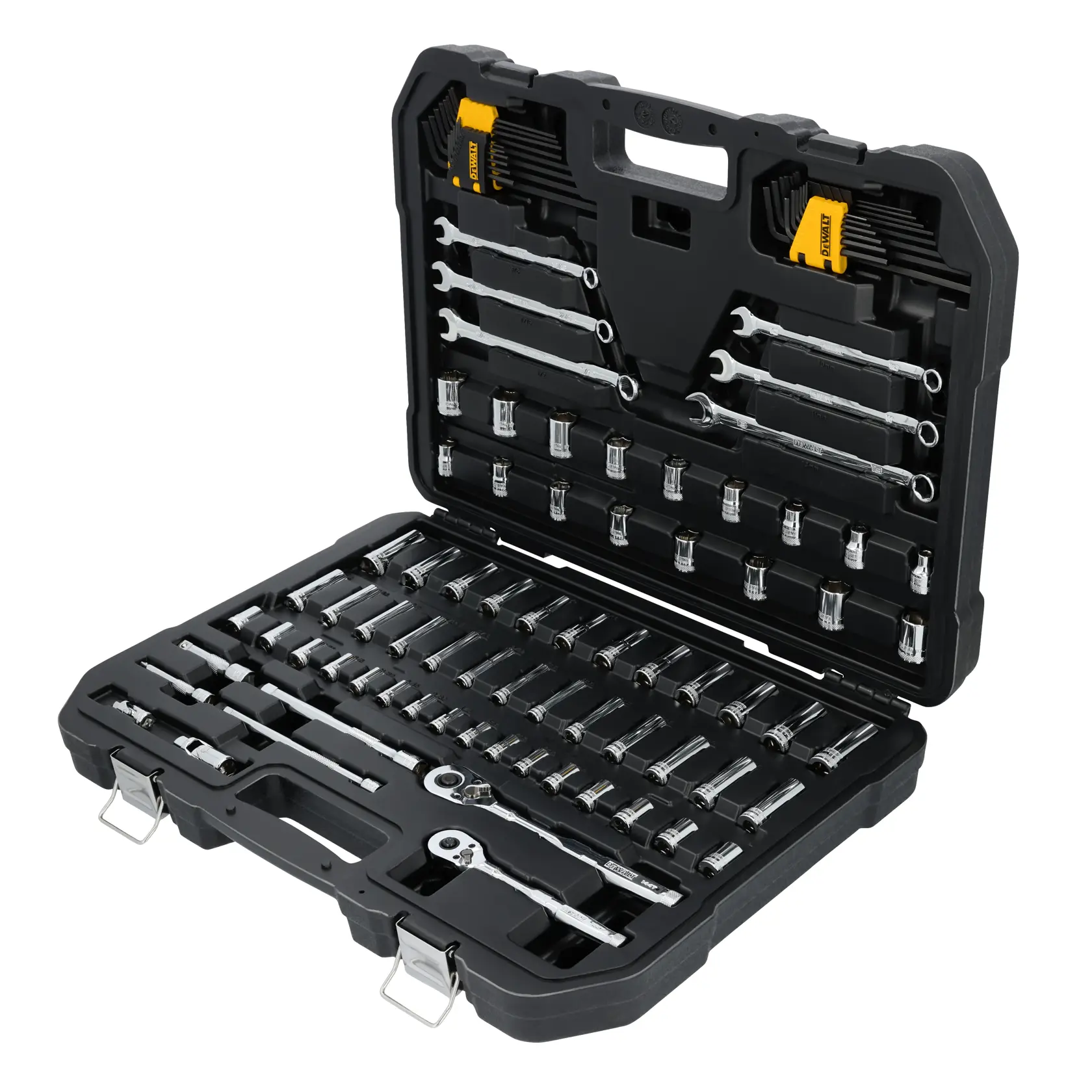 A DEWALT socket and wrench set displayed in an open black carrying case. The set includes various sockets, ratchets, combination wrenches, and hex keys, each organized neatly in its designated slot.