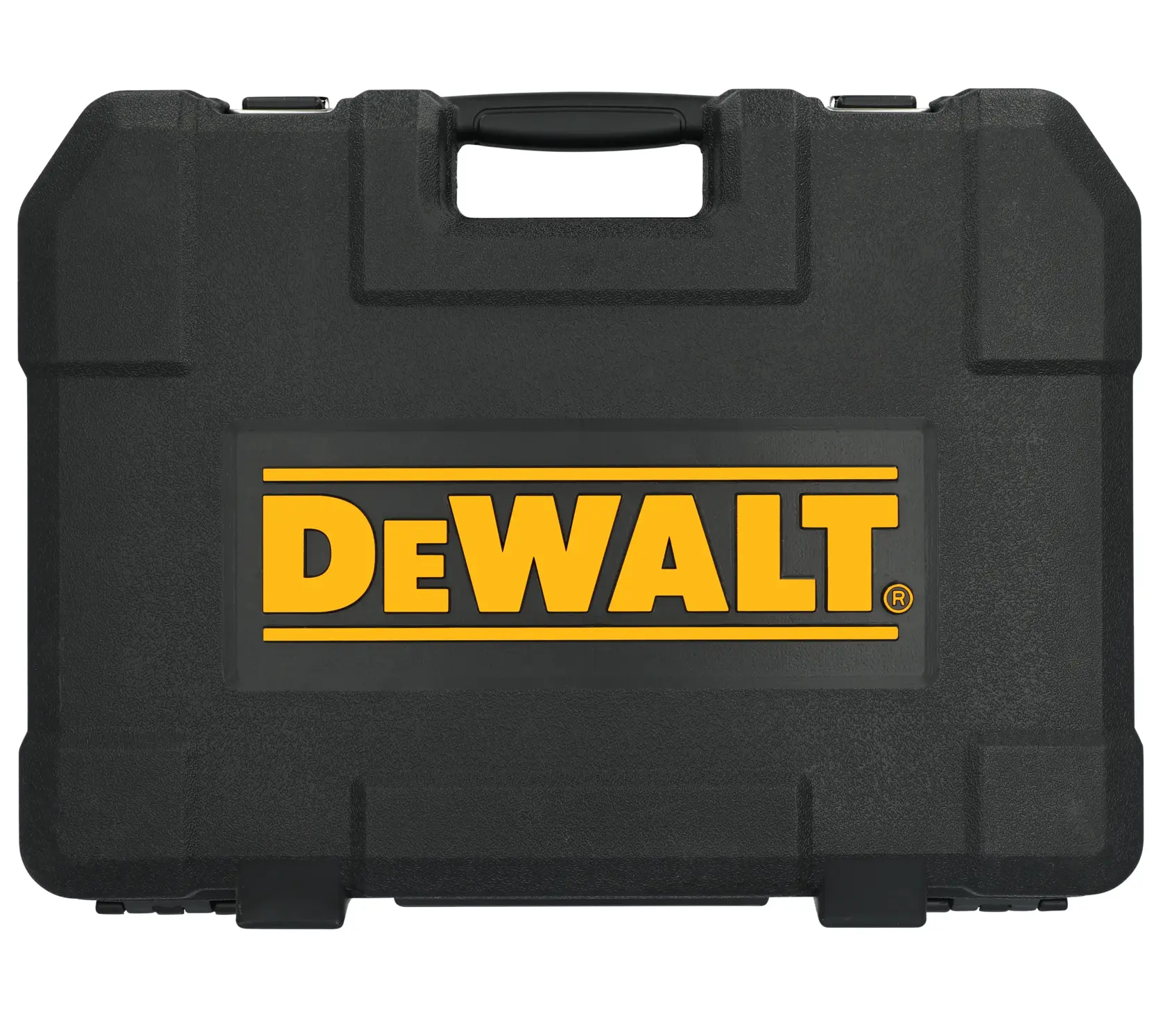 A black DEWALT branded hard plastic carrying case with a handle, featuring the yellow DEWALT logo prominently on the front.