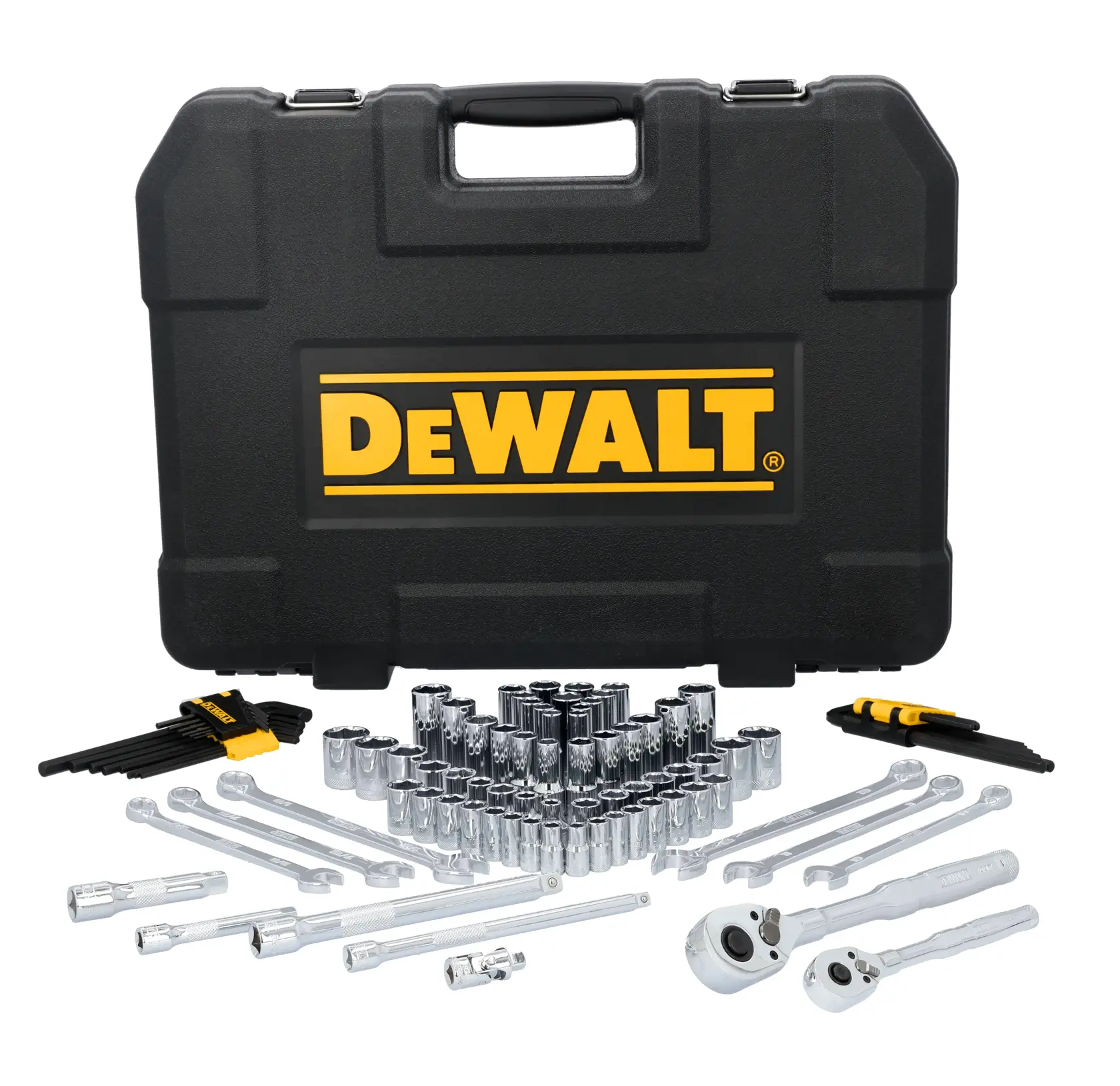 DEWALT tool set with a black carrying case, displayed with various chrome socket wrenches, ratchets, extension bars, and hex keys arranged in front.