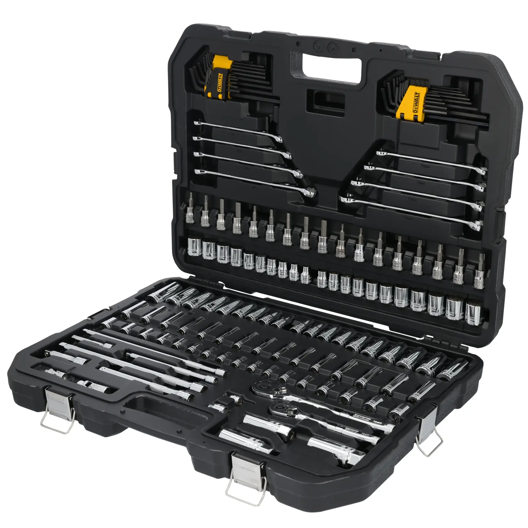 A DEWALT branded black plastic carrying case opened to display a comprehensive mechanic tool set, including wrenches, hex keys, sockets, ratchets, and extensions, organized neatly in fitted compartments.