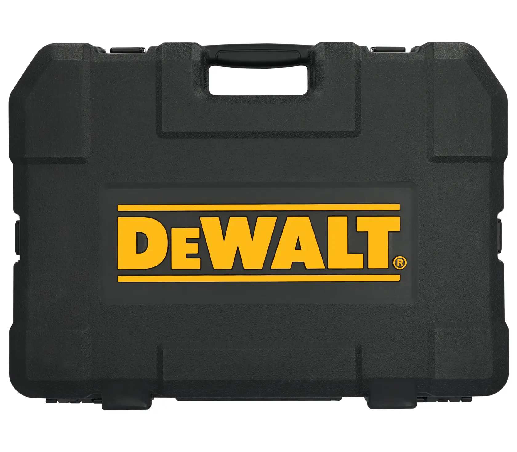 A black hard plastic carrying case with a handle, featuring the DEWALT logo in yellow and black on the front.