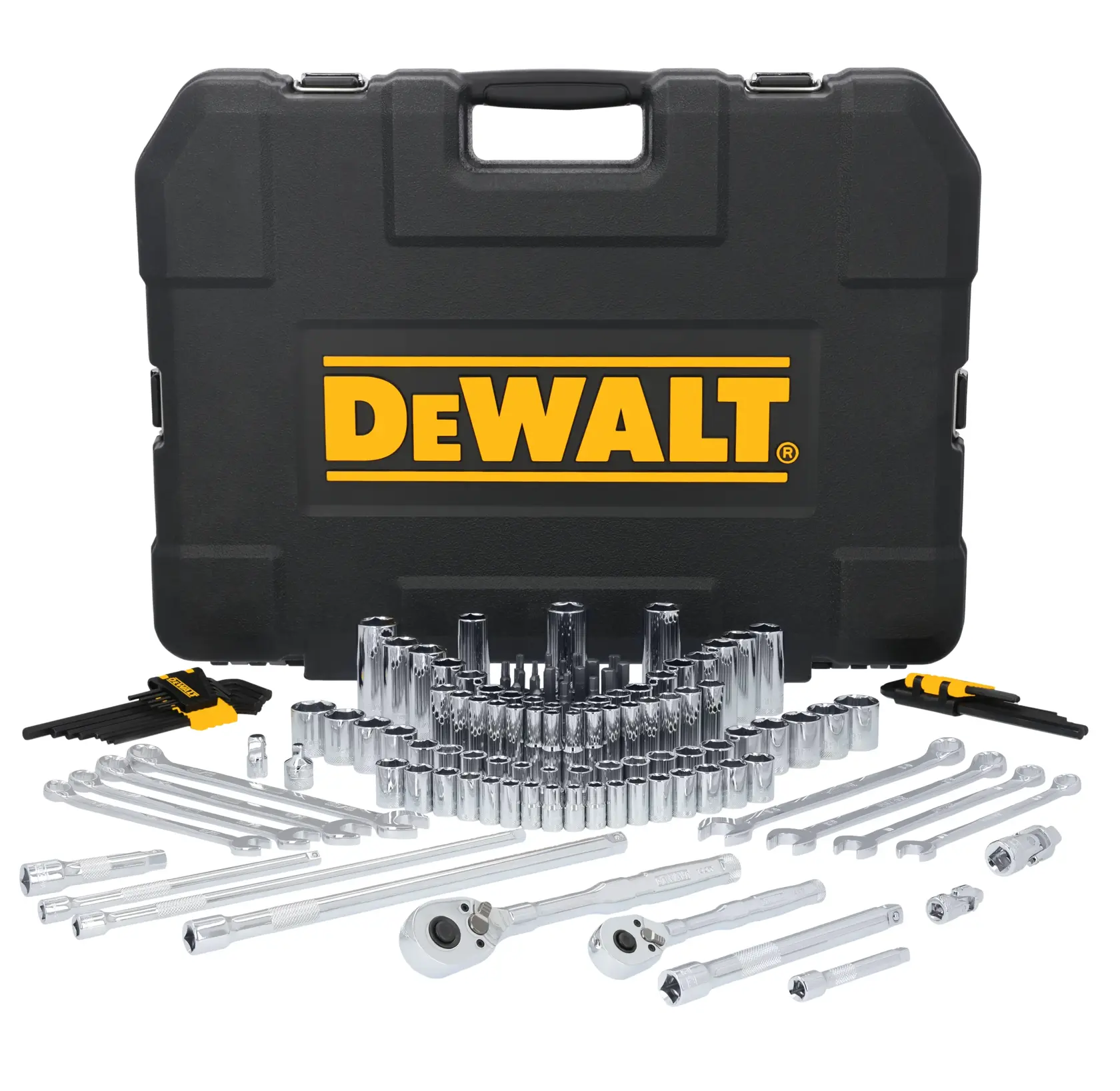 A DEWALT branded black hard case with a large assortment of metal socket wrenches, ratchets, extension bars, hex keys, and other mechanic tools arranged in front of it.