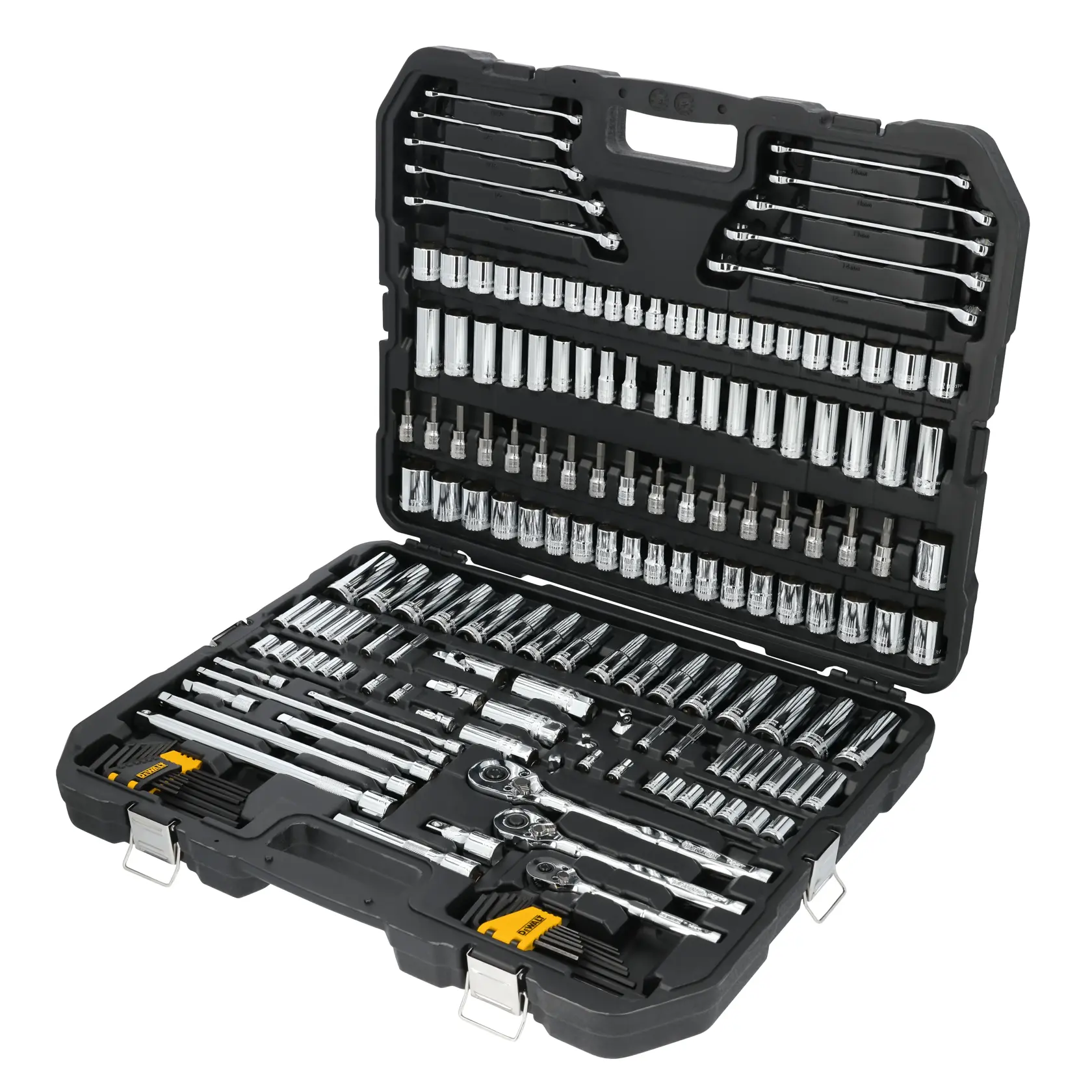 A black hard plastic case containing a comprehensive set of chrome hand tools, including wrenches, sockets, ratchets, hex keys, and various attachments, neatly organized in dedicated slots. The case is open and has metal clasps.