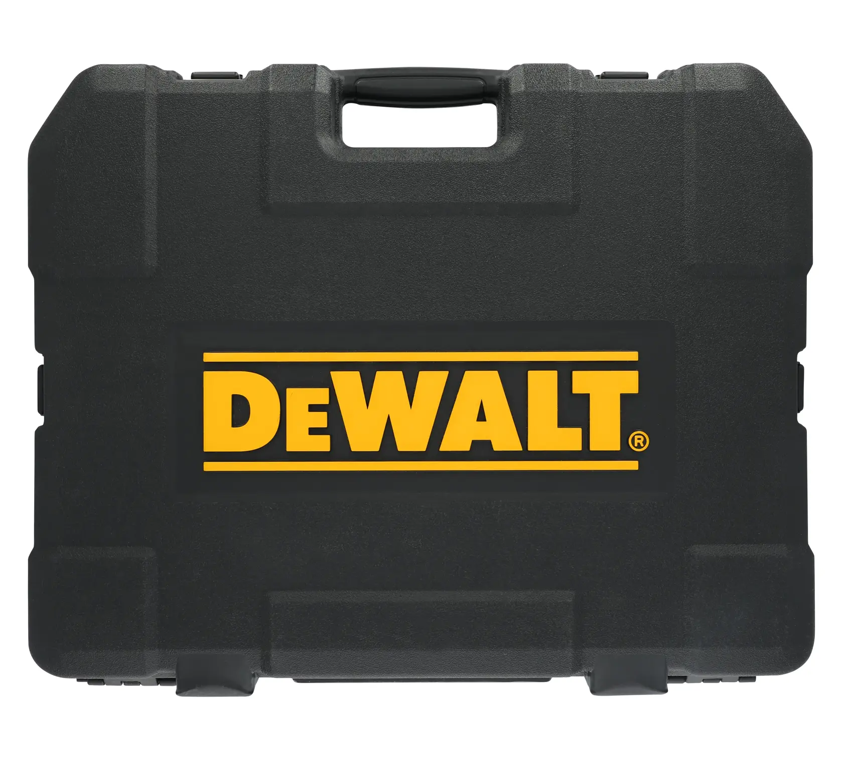 A black hard plastic carrying case with a handle, featuring the DEWALT logo in yellow on the front.