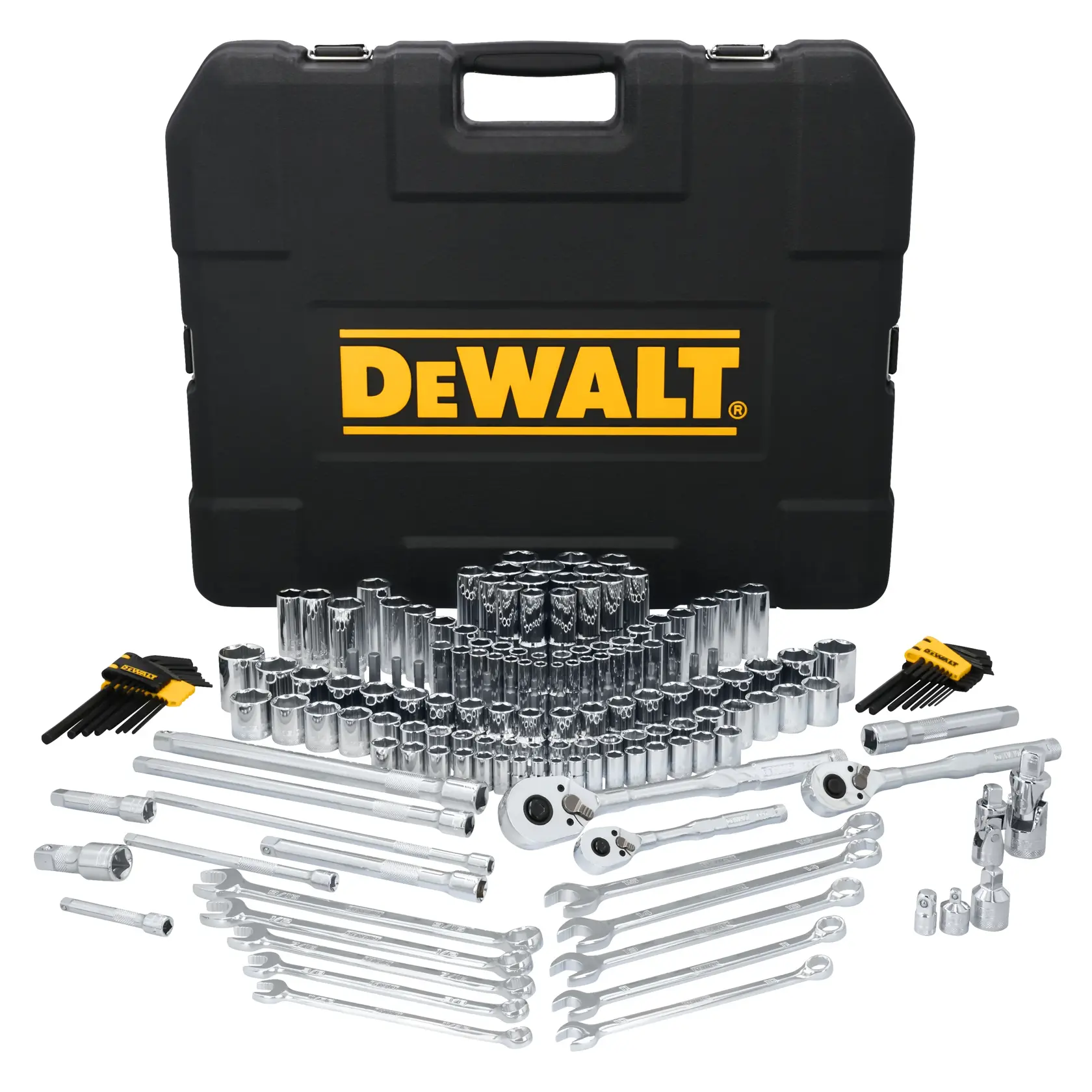 A large DEWALT mechanics tool set displayed in front of a black carrying case with the DEWALT logo. The set includes various socket wrenches, ratchets, extensions, and hex keys, arranged neatly.