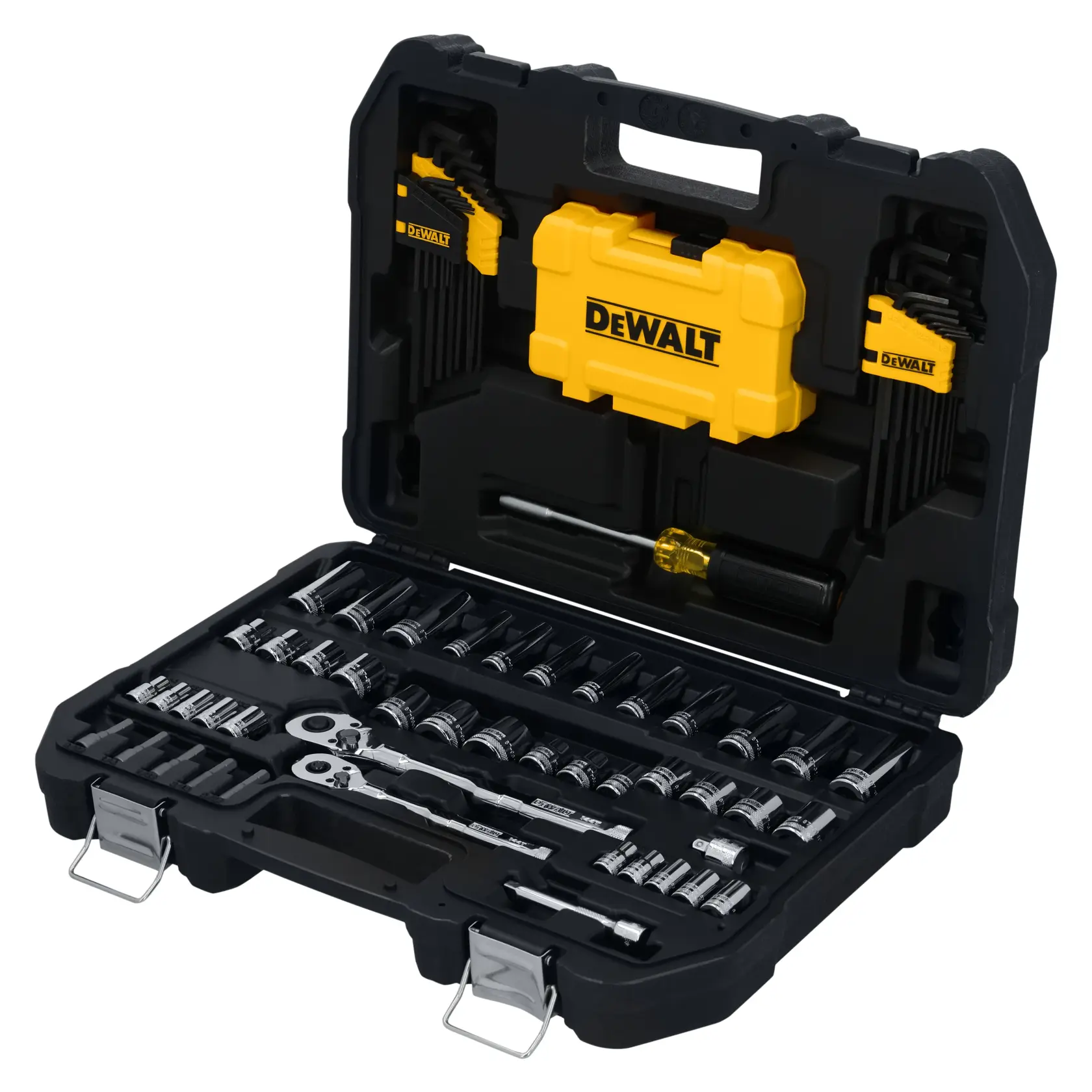 A DEWALT tool set in a black hard plastic carrying case, showing multiple sockets, ratchets, hex keys, screwdriver, and other hand tools organized in compartments. The case is open, displaying all tools neatly arranged.