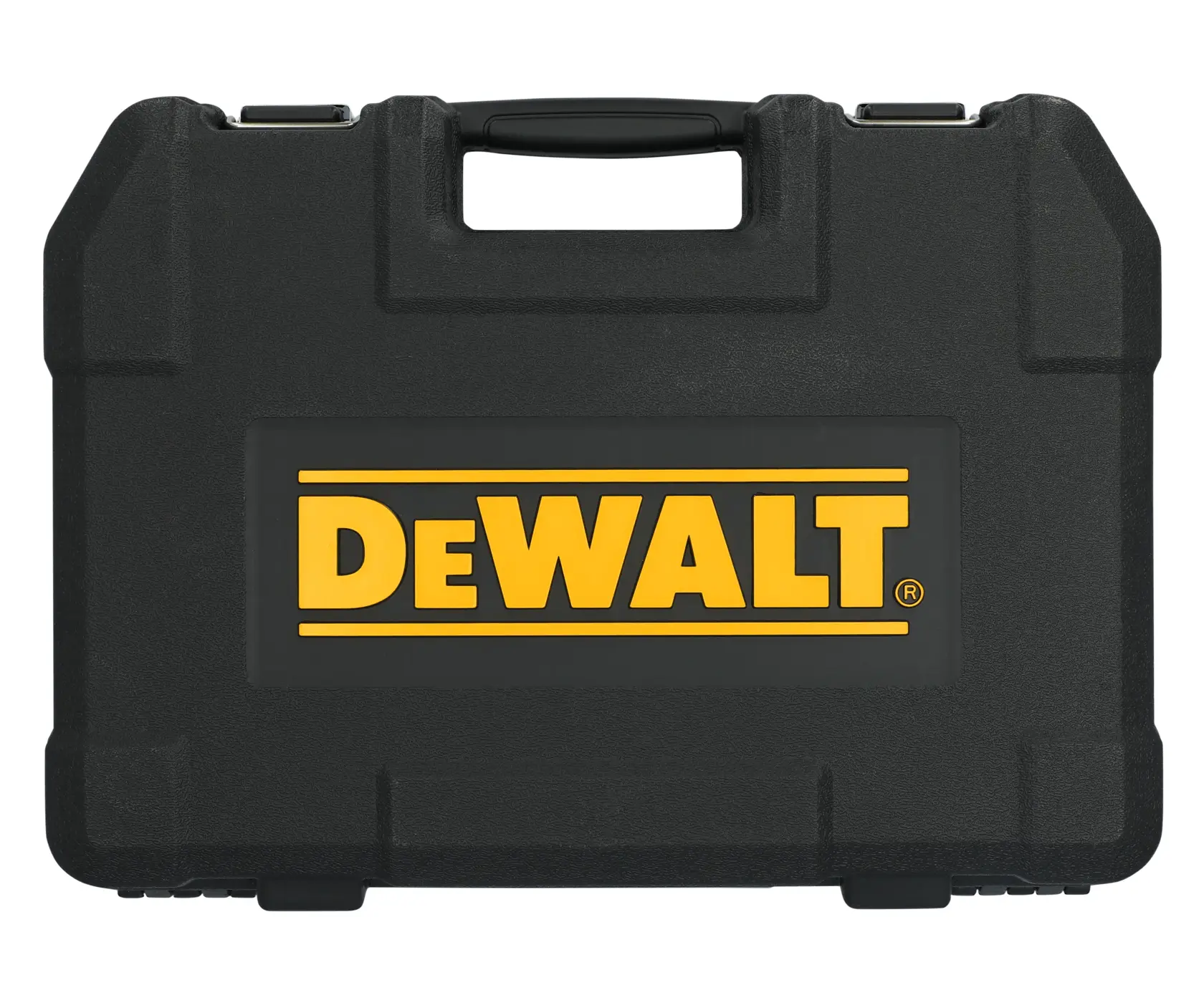 A black DEWALT carrying case with a handle, featuring the DEWALT logo in yellow lettering on the front.