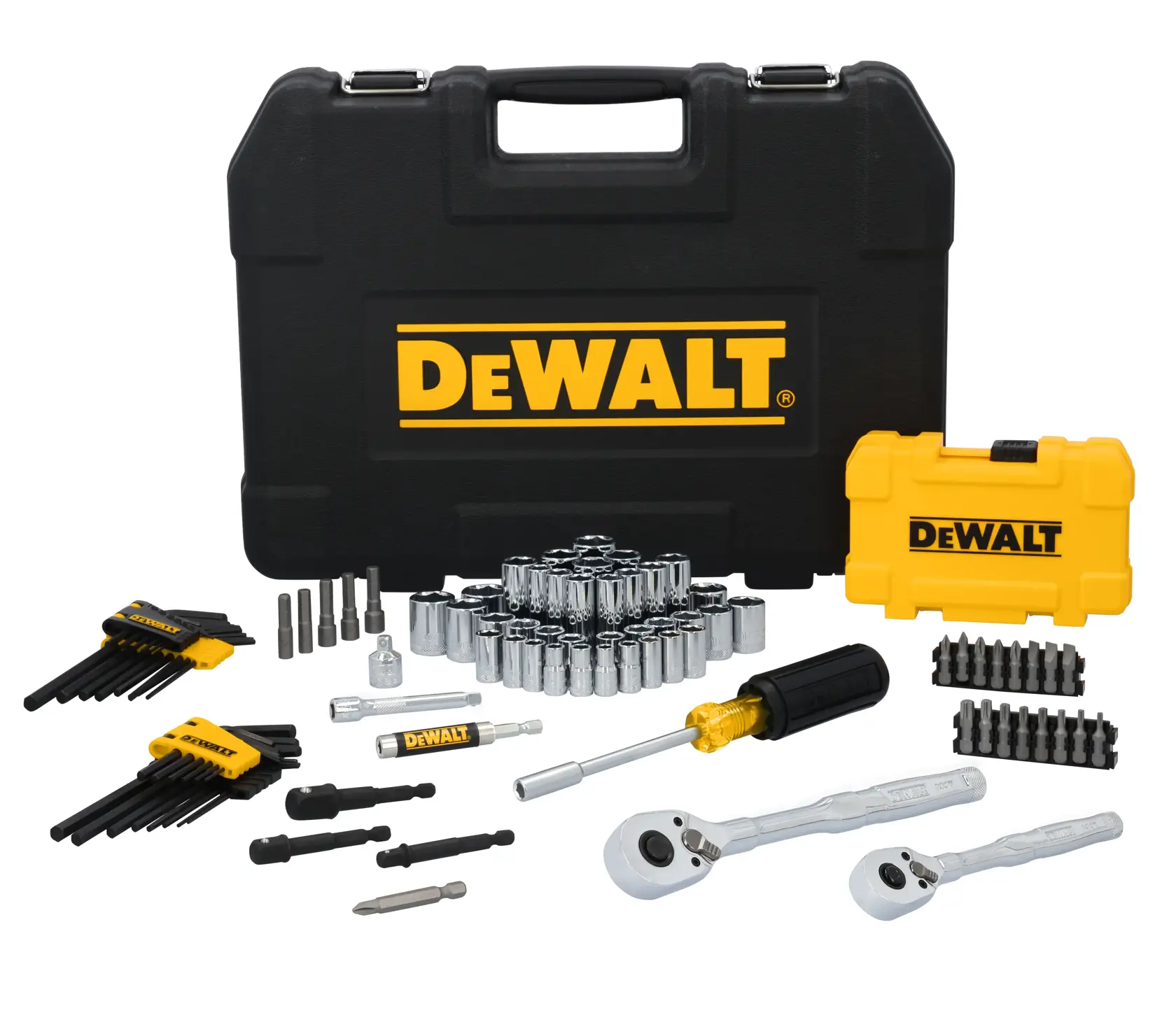 A comprehensive DEWALT tool set displayed in front of a black carrying case with the DEWALT logo. The set includes ratchets, sockets, hex keys, bits, a screwdriver, and a yellow accessory case, all organized and arranged for photography.