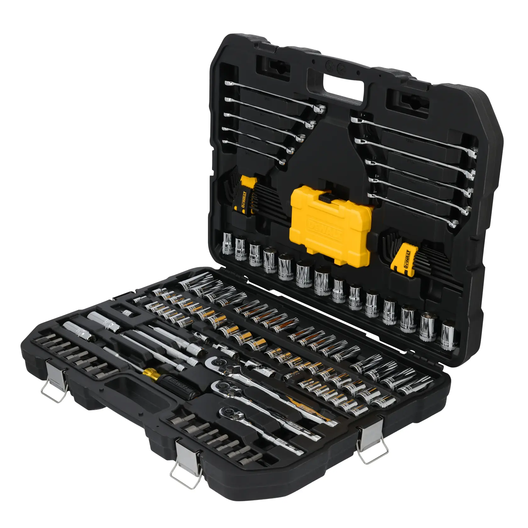 A black plastic tool case with metal clasps open to reveal a comprehensive collection of hand tools, including wrenches, ratchets, sockets, bits, and screwdrivers, all neatly organized in individual slots. The tools are mostly silver with some yellow accents.