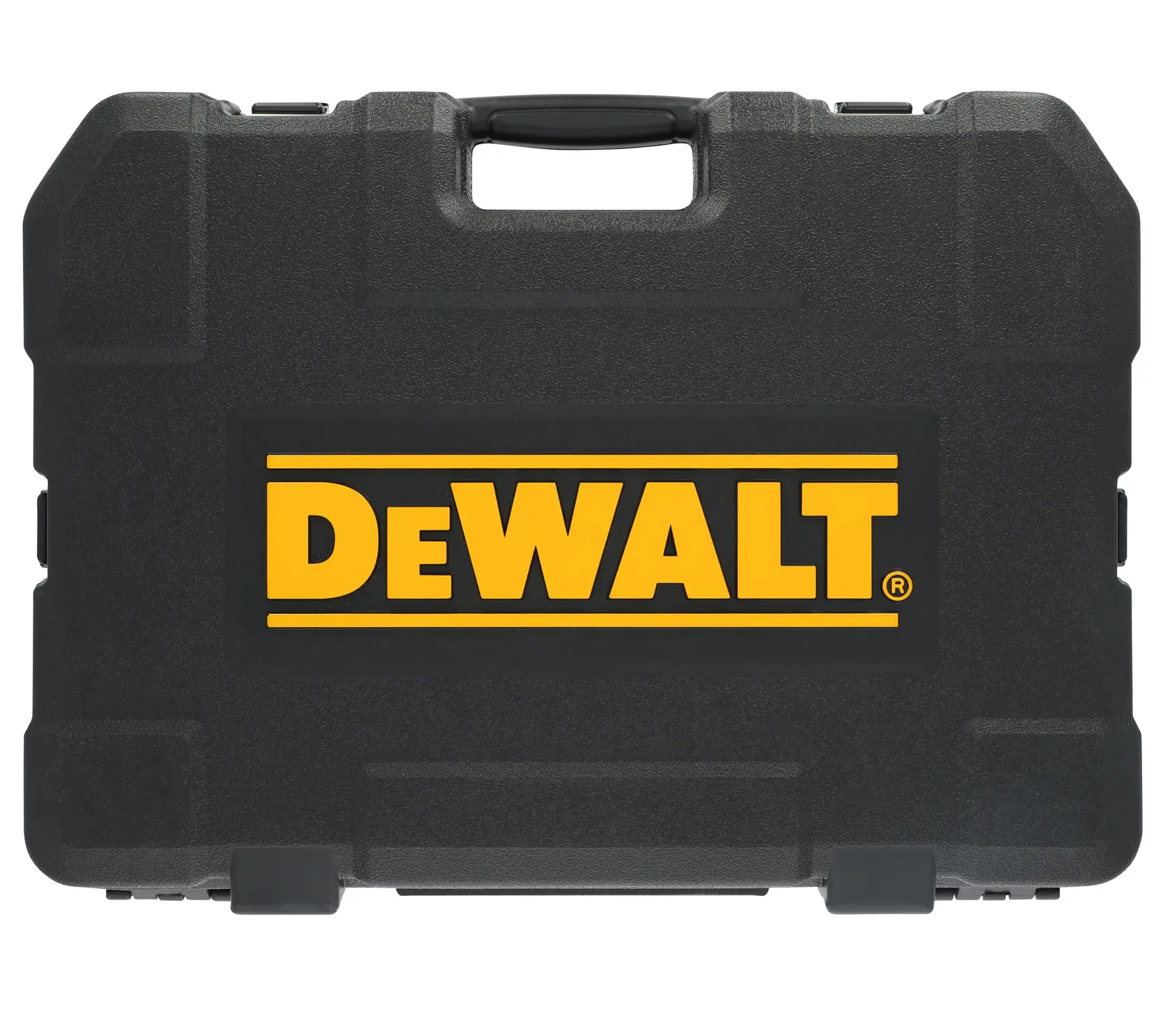 A black hard plastic carrying case with a handle, featuring the yellow DEWALT logo prominently displayed on the front.