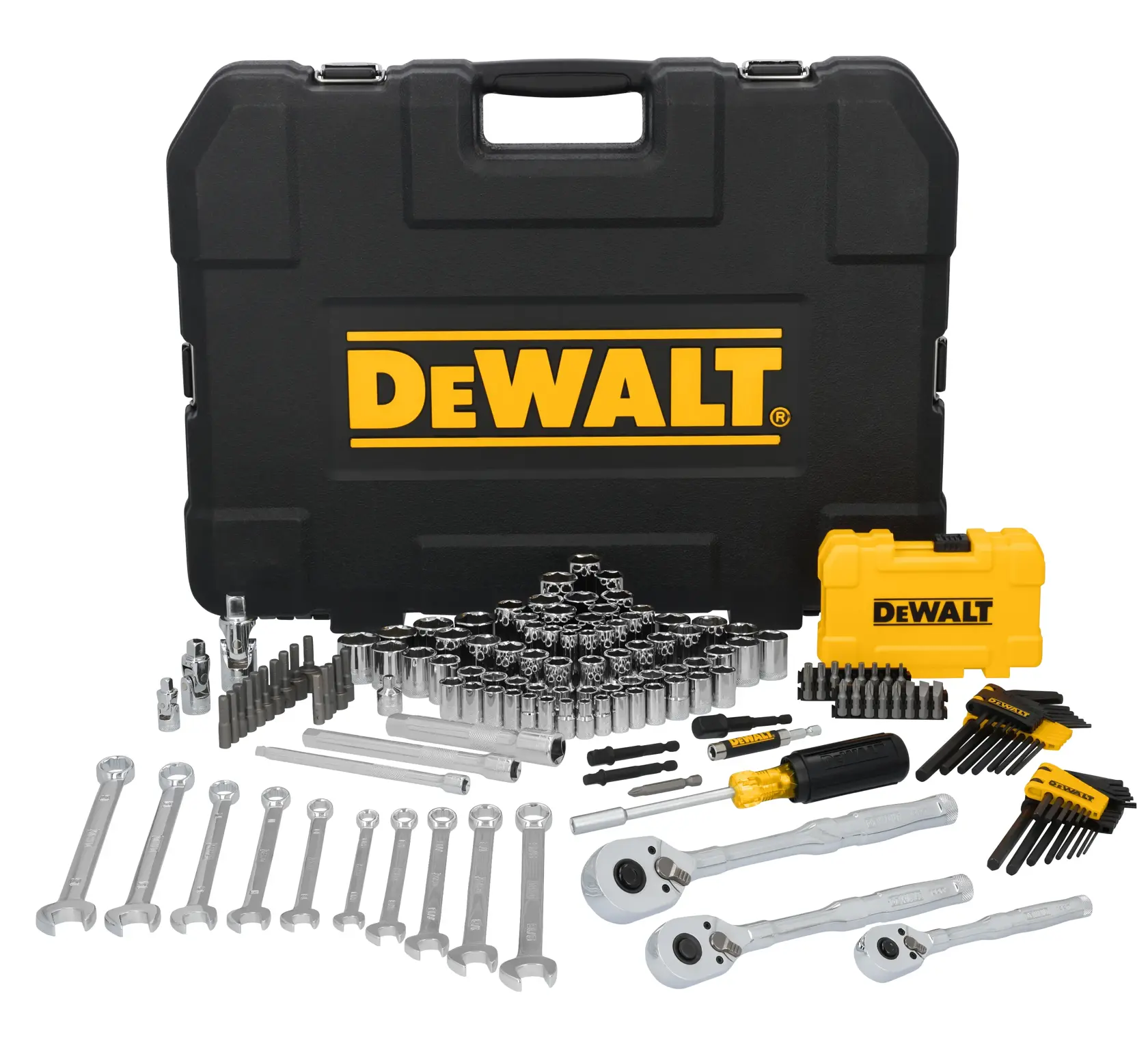 A large DEWALT black and yellow tool case with a variety of socket wrenches, ratchets, hex keys, screwdriver bits, and combination wrenches arranged in front of it. The image also shows a smaller yellow DEWALT case and several hand tools.