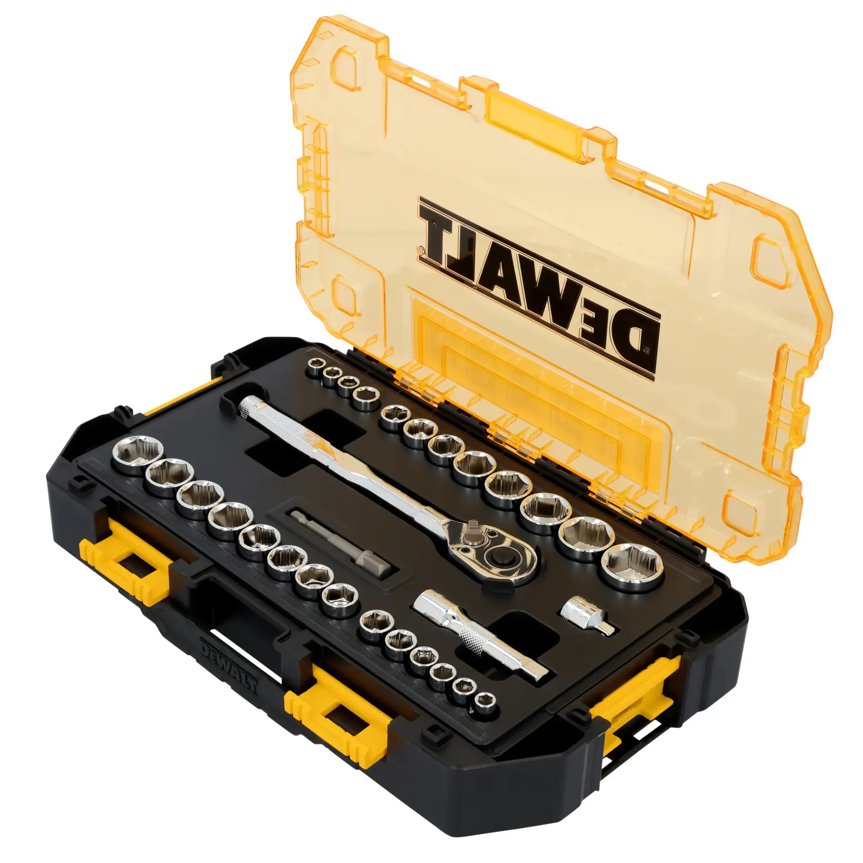 A DEWALT socket and ratchet set displayed in an open black and yellow hard case with a transparent yellow lid. The set includes various sockets, a ratchet wrench, extension bars, and accessories neatly organized inside the case.