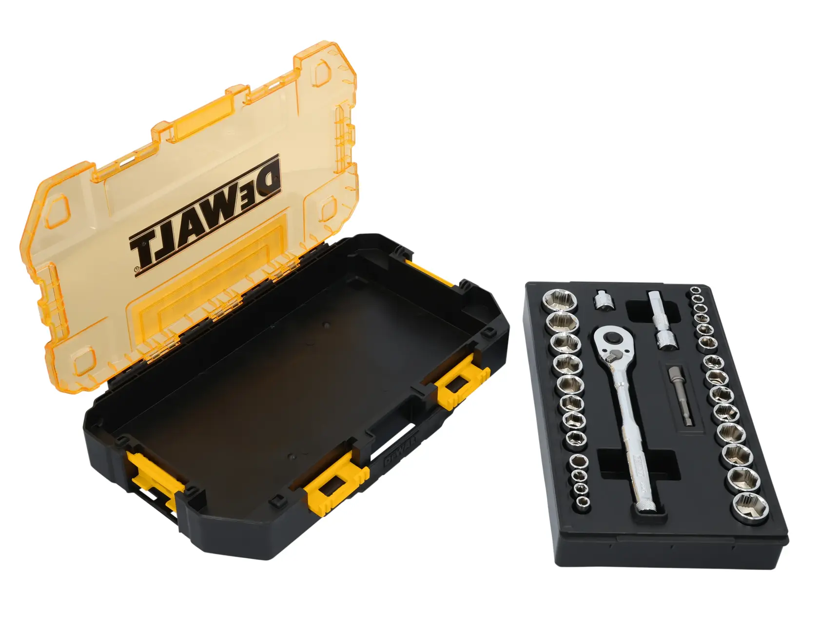 A DEWALT branded tool case, open with a transparent yellow lid, and a tray containing a ratchet, various sockets, and extension pieces.