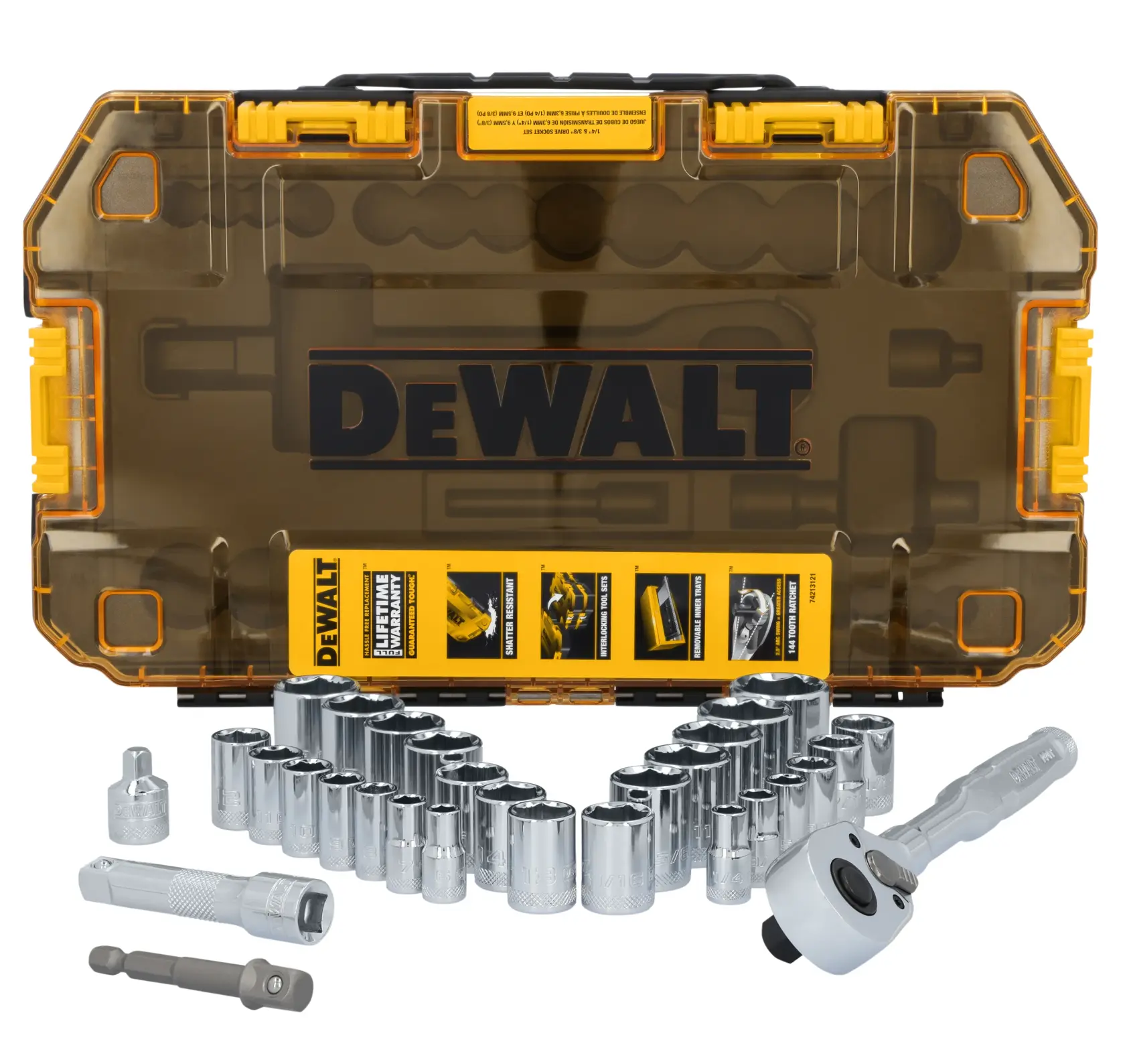 DEWALT socket wrench set with multiple metal sockets, a ratchet, and accessories, displayed in front of a transparent yellow and black hard plastic carrying case.