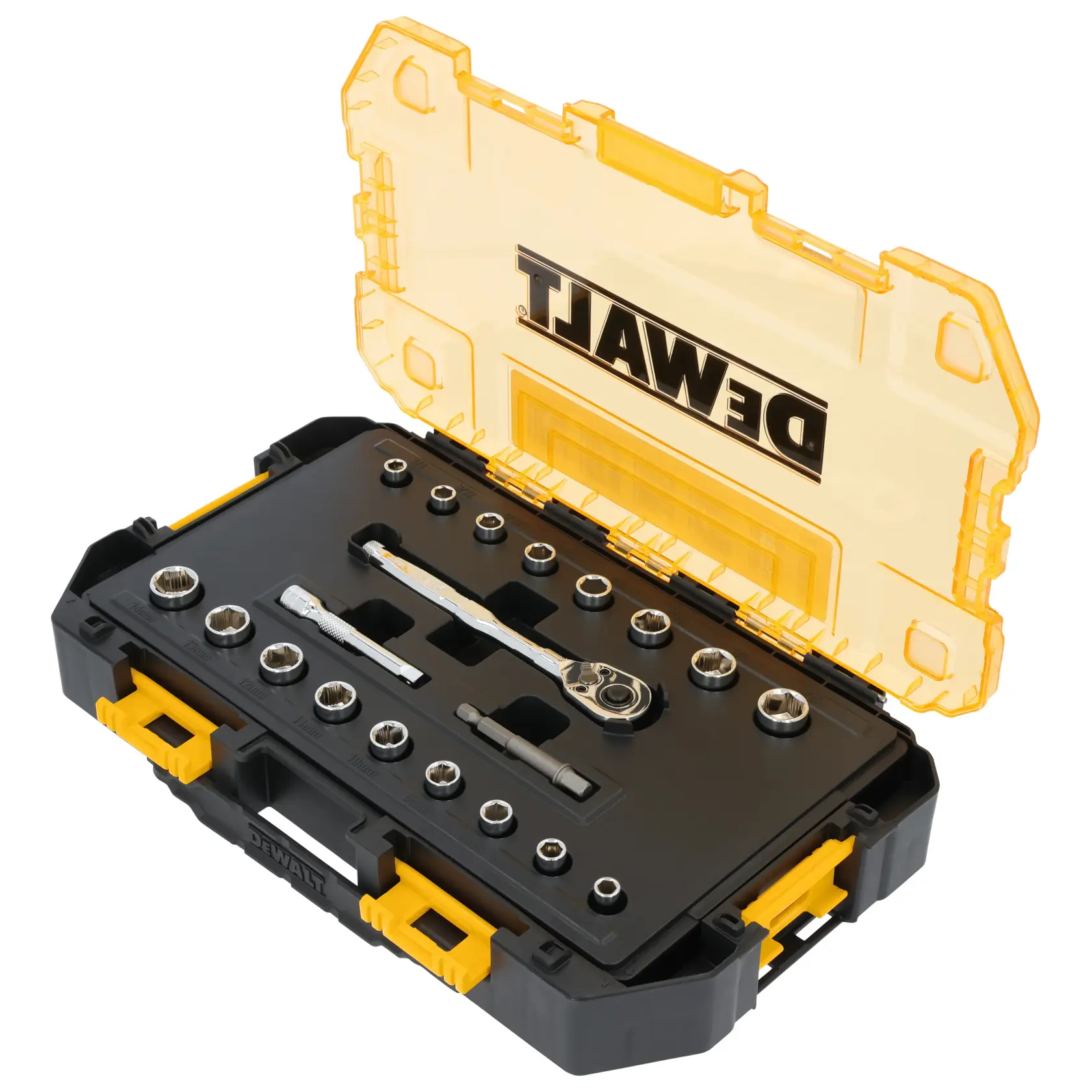 A DEWALT socket and ratchet set in a black and yellow hard plastic case with a transparent yellow lid, showing a variety of sockets, a ratchet, and an extension bar neatly organized inside.