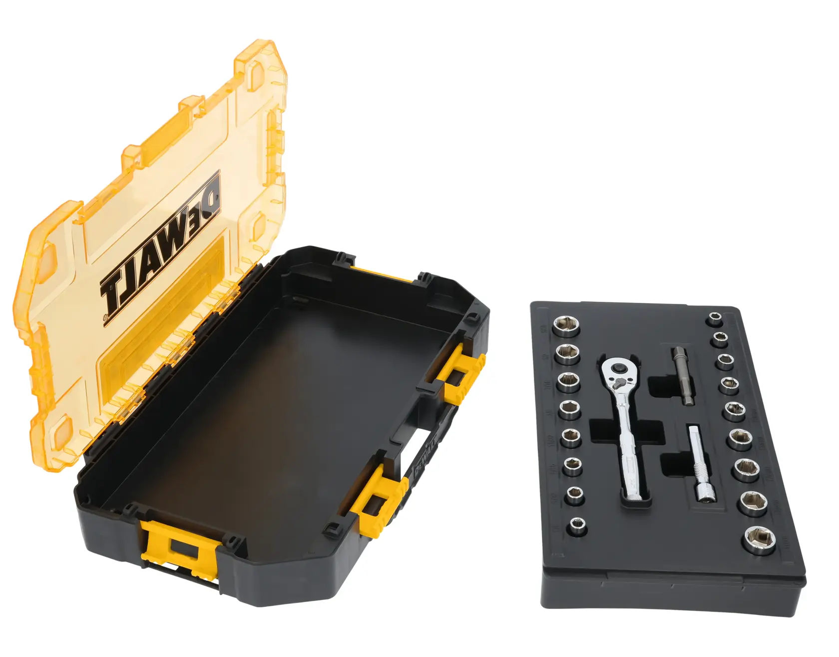 A DEWALT socket set with ratchet and multiple sockets, displayed next to an open black and yellow plastic carrying case with a transparent lid.