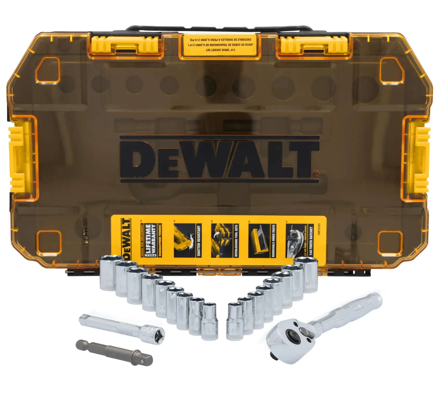 A DEWALT socket set with ratchet, extension bar, and sockets displayed in front of a transparent, yellow-accented DEWALT carrying case.