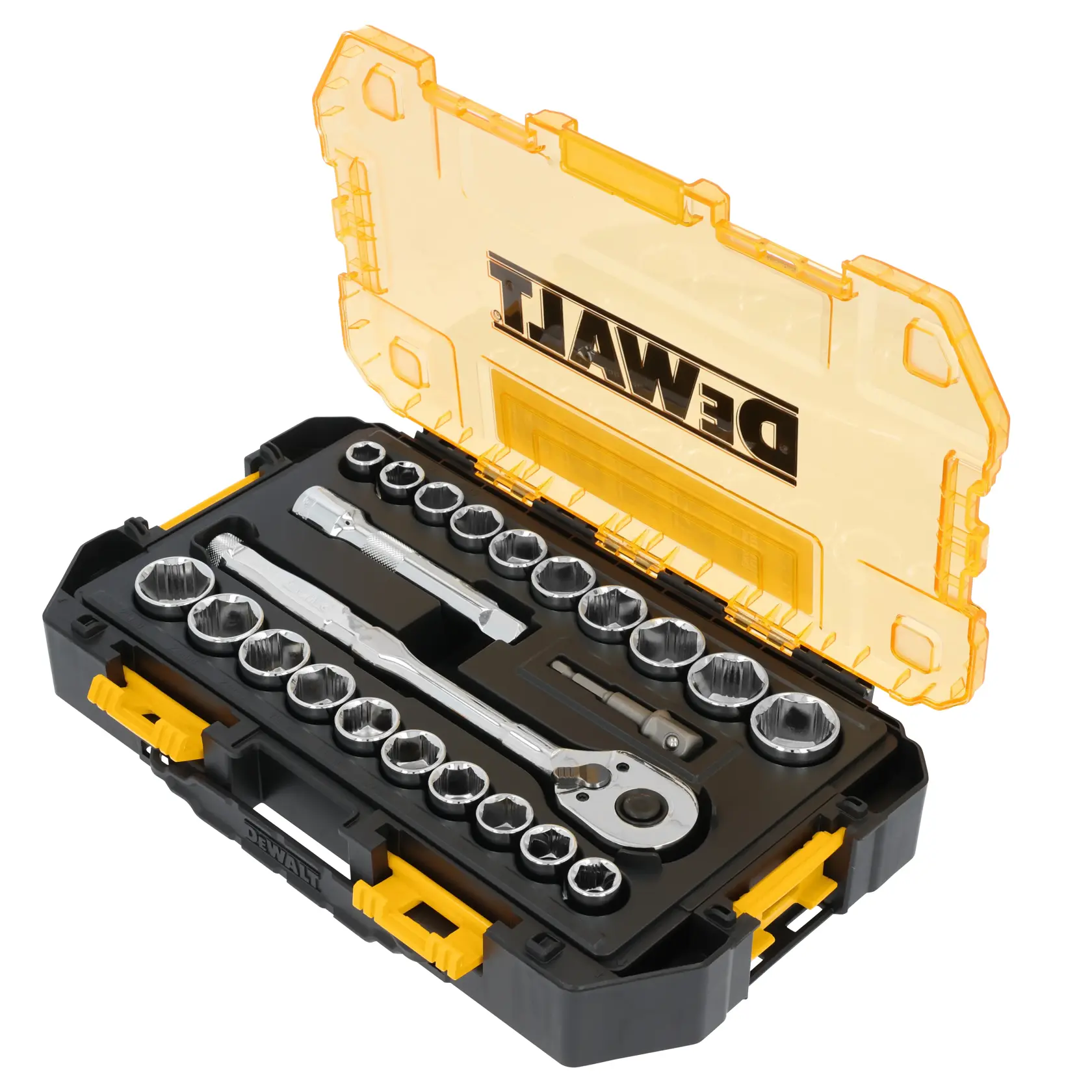 A DEWALT branded socket wrench set inside a hard plastic case with a transparent yellow lid. The set includes various socket sizes, a ratchet handle, and extension bars, all organized in molded compartments.