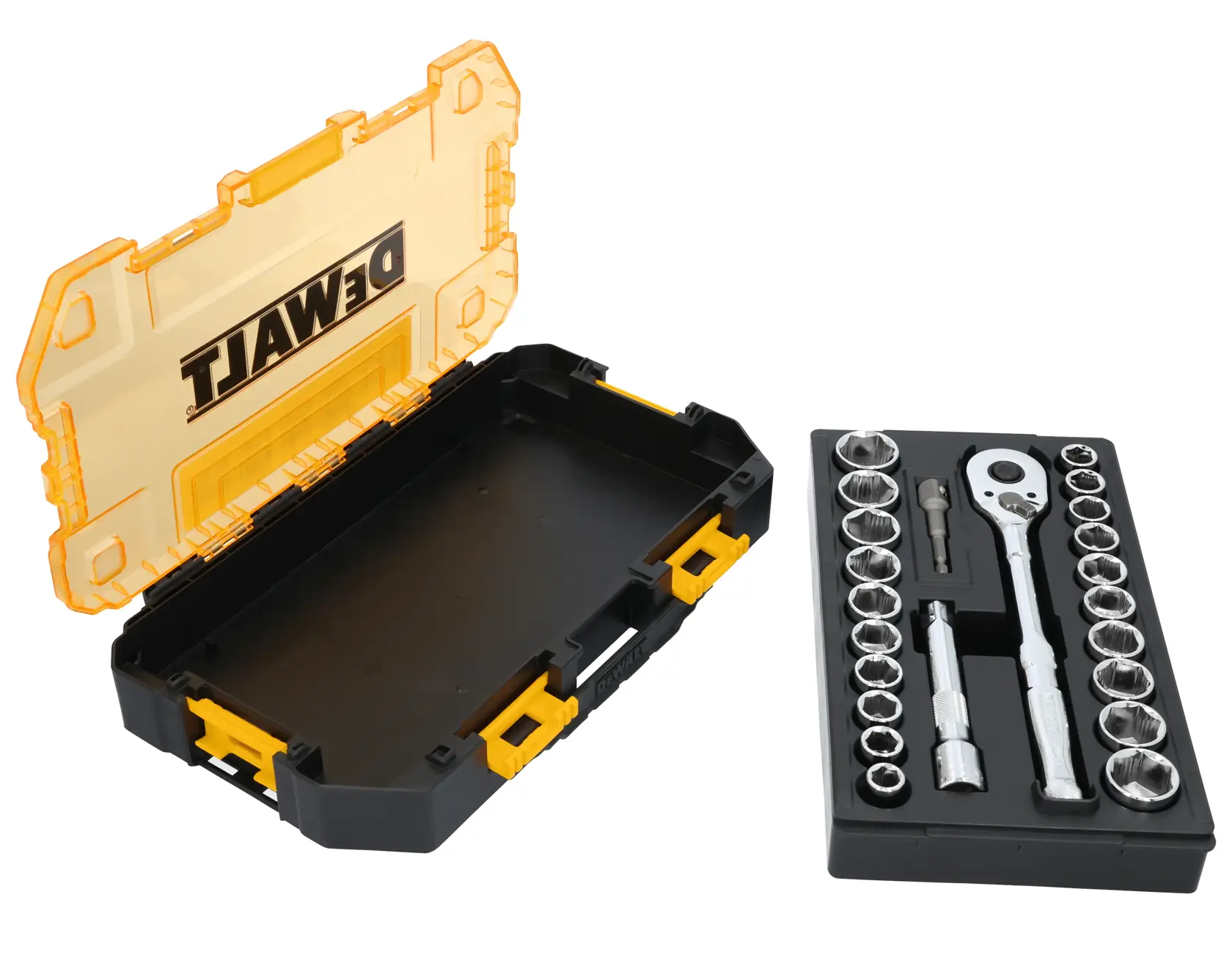 DEWALT socket wrench set with ratchet, sockets, and accessories, shown with a yellow and black hard plastic carrying case open next to the organized tray of tools.