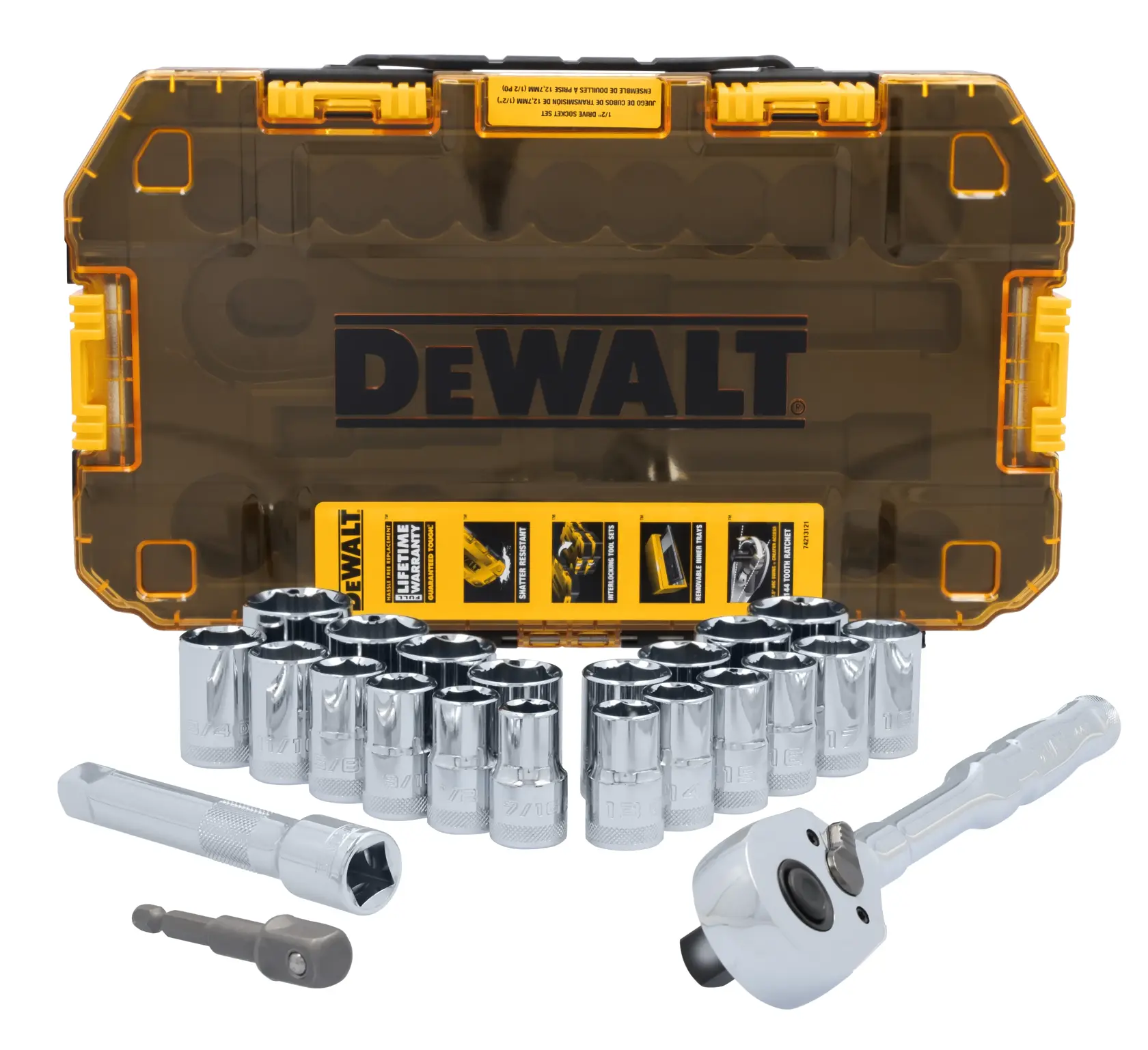 A DEWALT socket and ratchet set with multiple chrome sockets, a ratchet handle, an extender bar, and a bit adapter, displayed in front of a transparent yellow and brown plastic storage case.