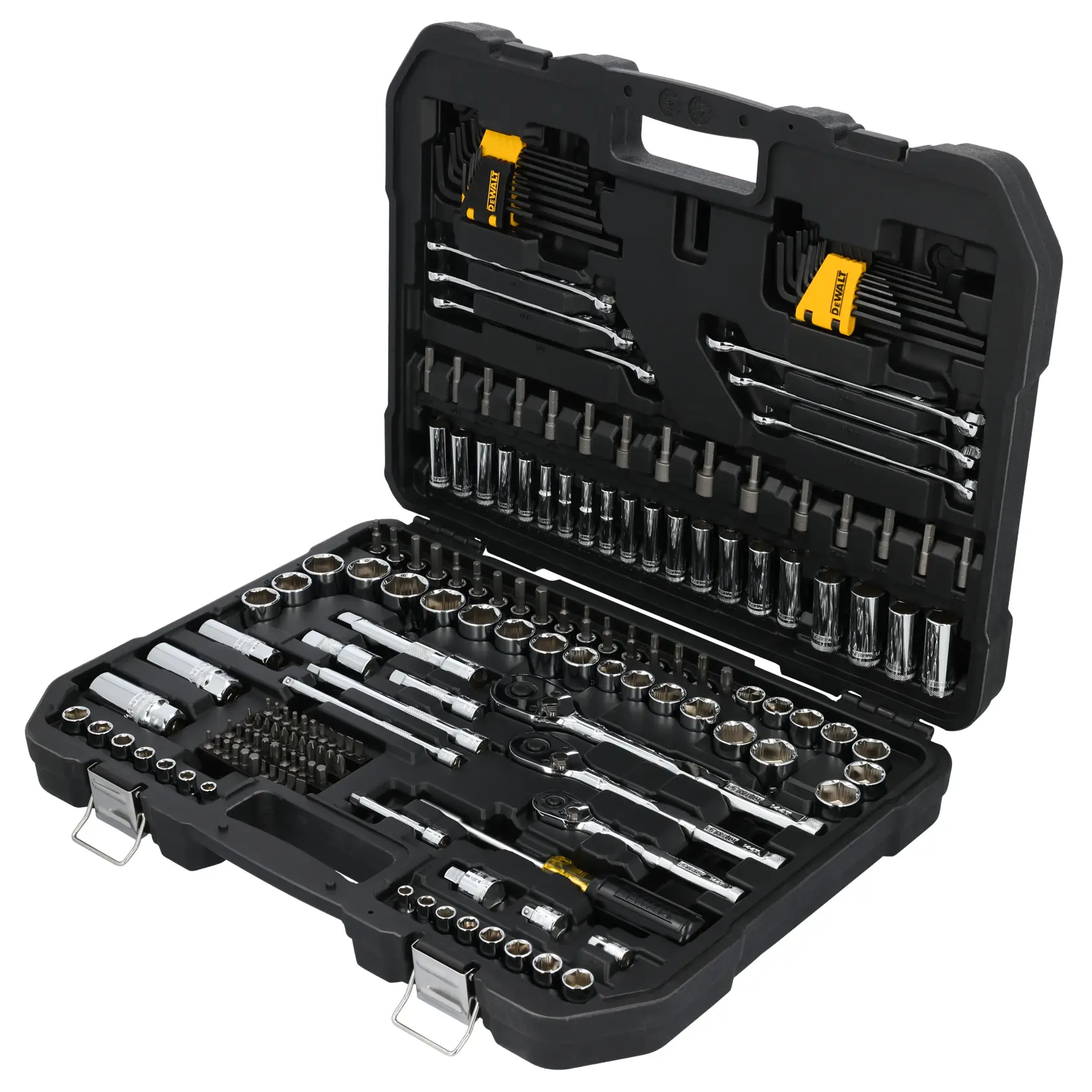 A DEWALT branded black hard plastic tool case with an assortment of sockets, wrenches, ratchets, hex keys, screwdriver bits and extensions neatly organized inside.