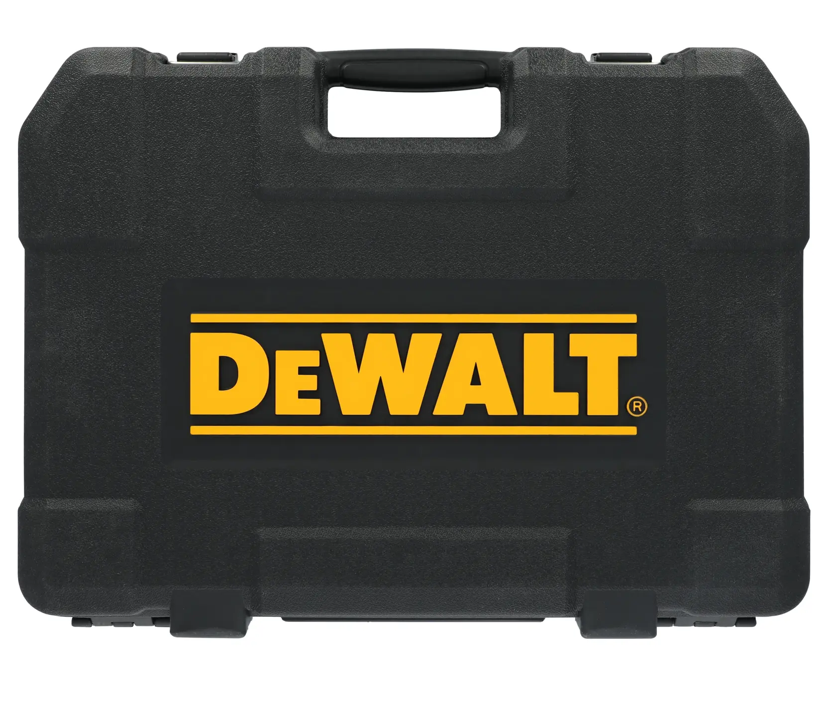 A black hard plastic carrying case with the DEWALT logo in yellow and black on the front, featuring a handle at the top.