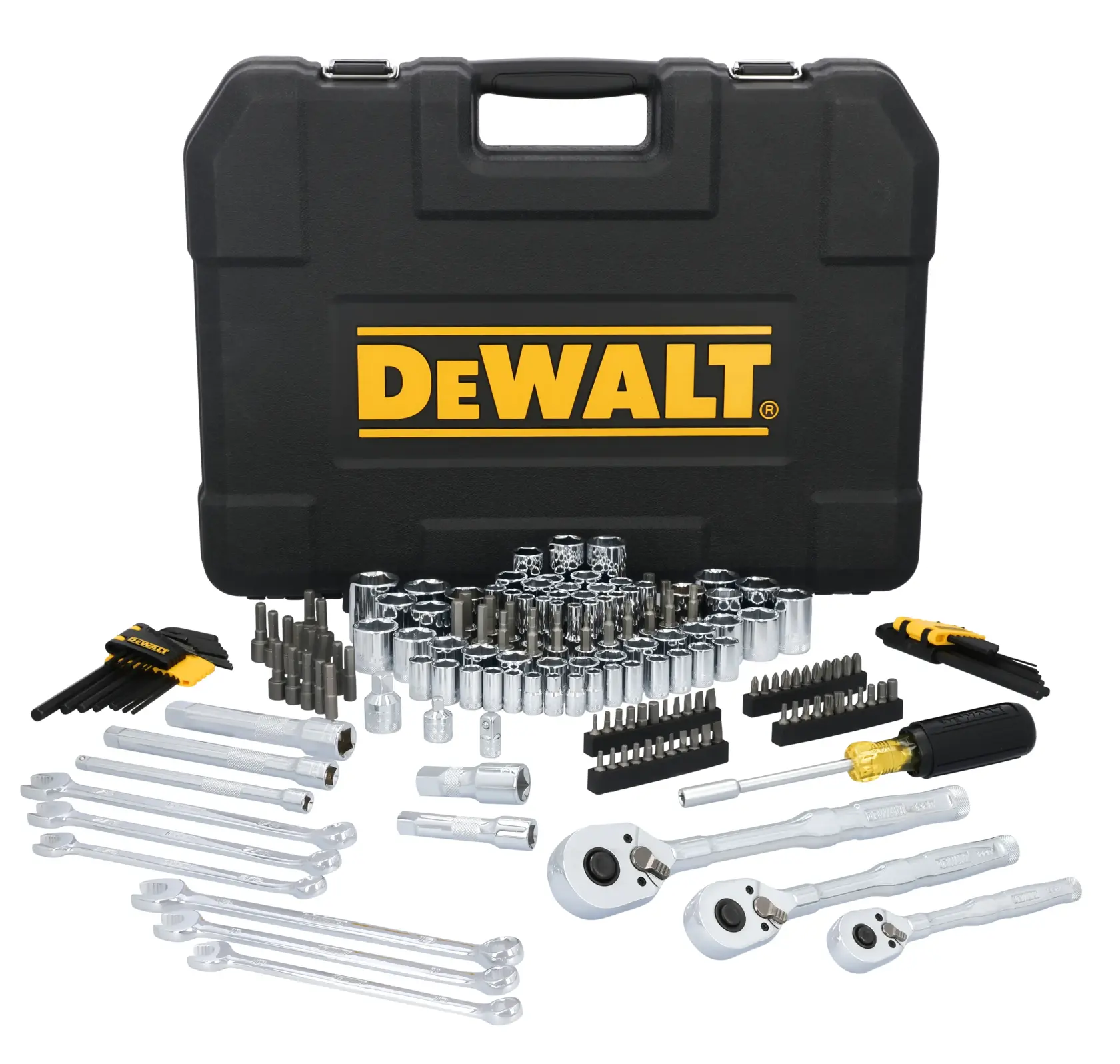 A DEWALT branded black hard case is displayed with an extensive set of mechanic tools placed in front, including ratchets, wrenches, sockets, hex keys, screwdriver bits, a screwdriver handle, and extension bars. The tools are organized and shine with chrome finishes.