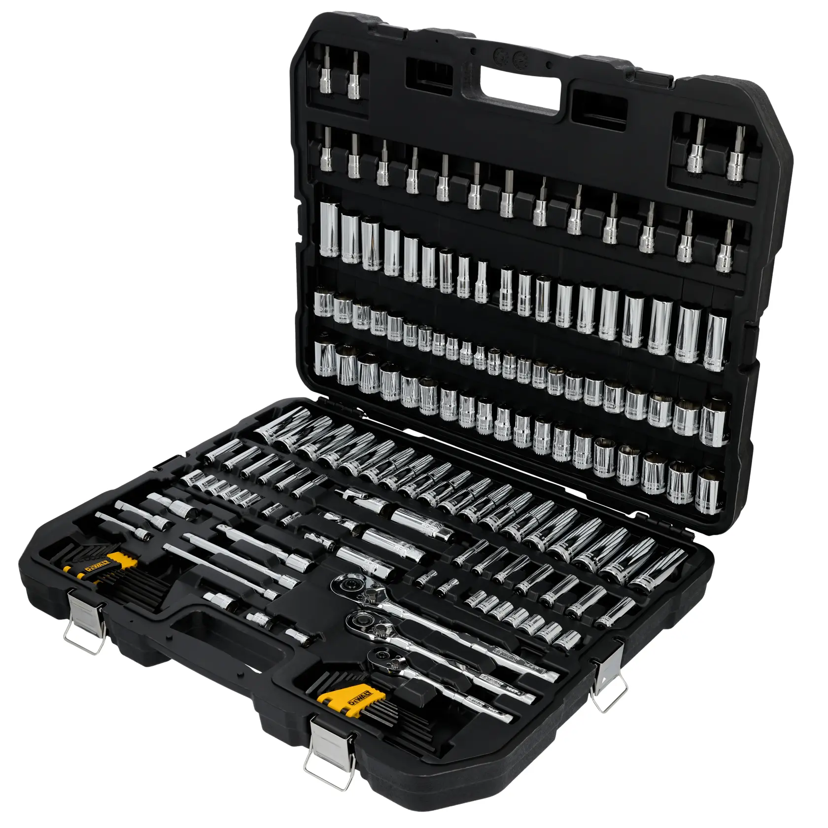 A black hard plastic tool case opened to display a comprehensive DEWALT socket and ratchet set. The case is organized with rows of various socket sizes, ratchets, extensions, and bits, all made of shiny chrome. Latches and a carrying handle are visible.