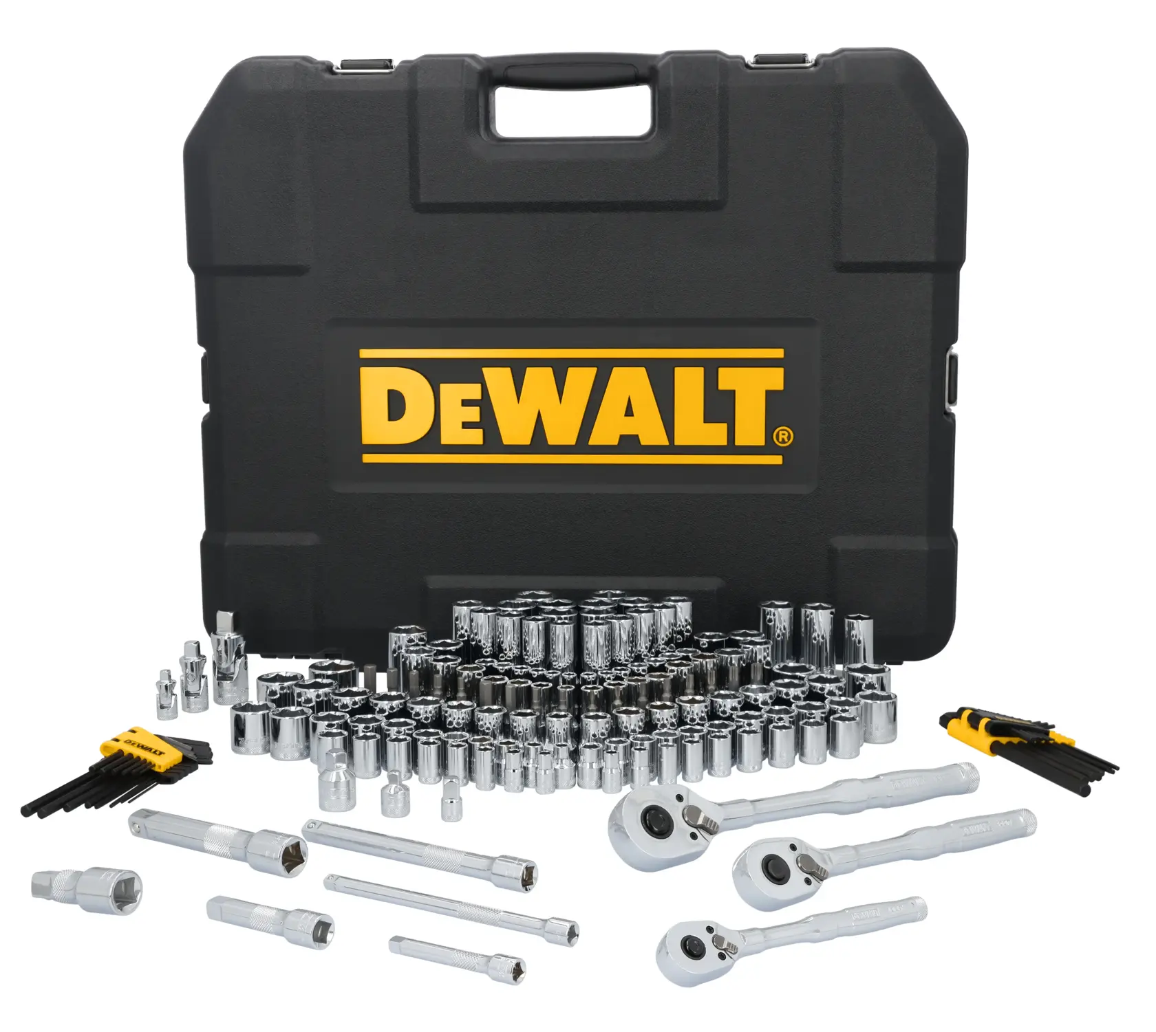 A DEWALT branded black hard plastic case behind a comprehensive socket and ratchet set with various chrome sockets, ratchets, extension bars, and hex key sets arranged in front.