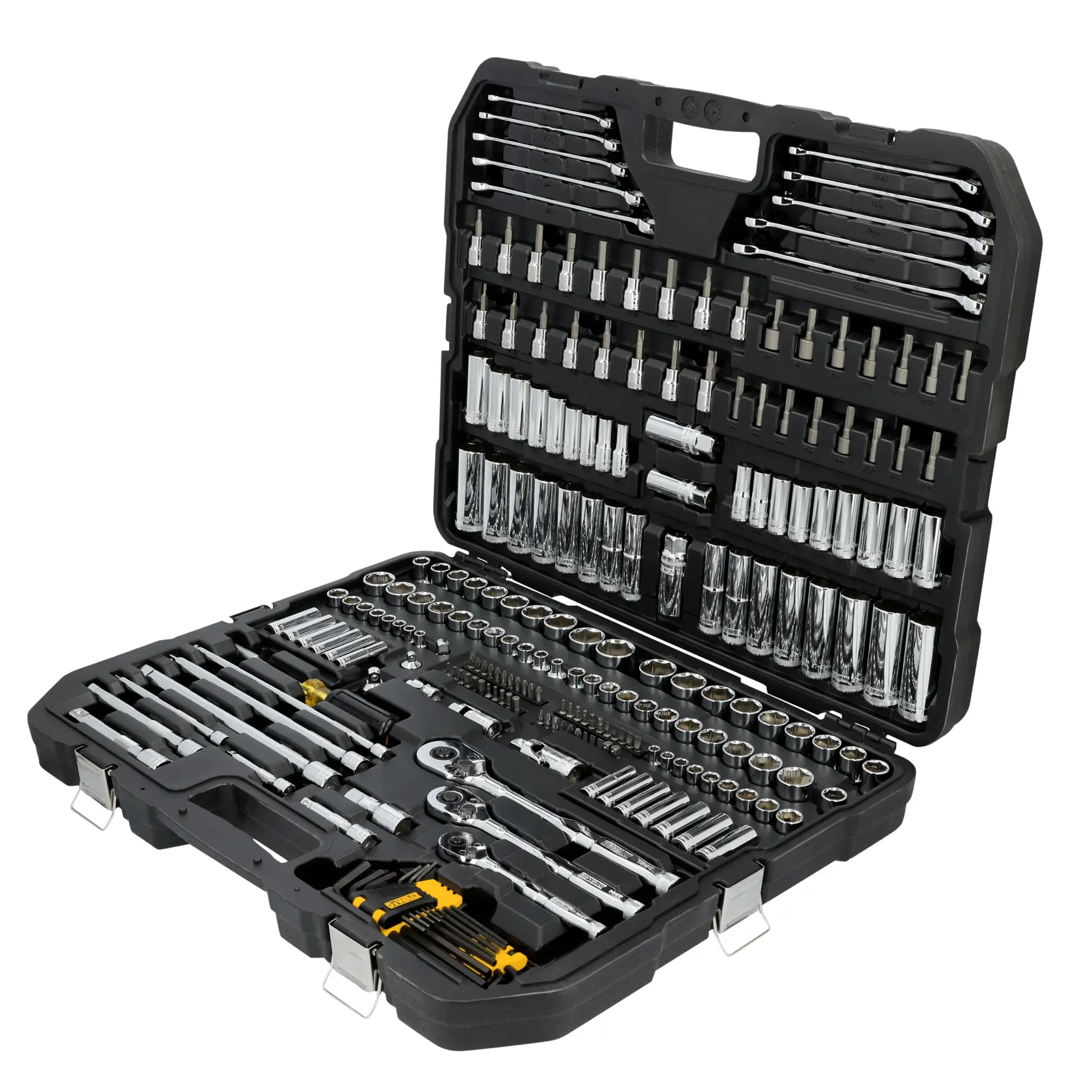 An opened black plastic carrying case displaying a comprehensive set of DEWALT mechanical tools, including various sockets, ratchets, wrenches, hex keys, and extensions, all organized neatly inside.