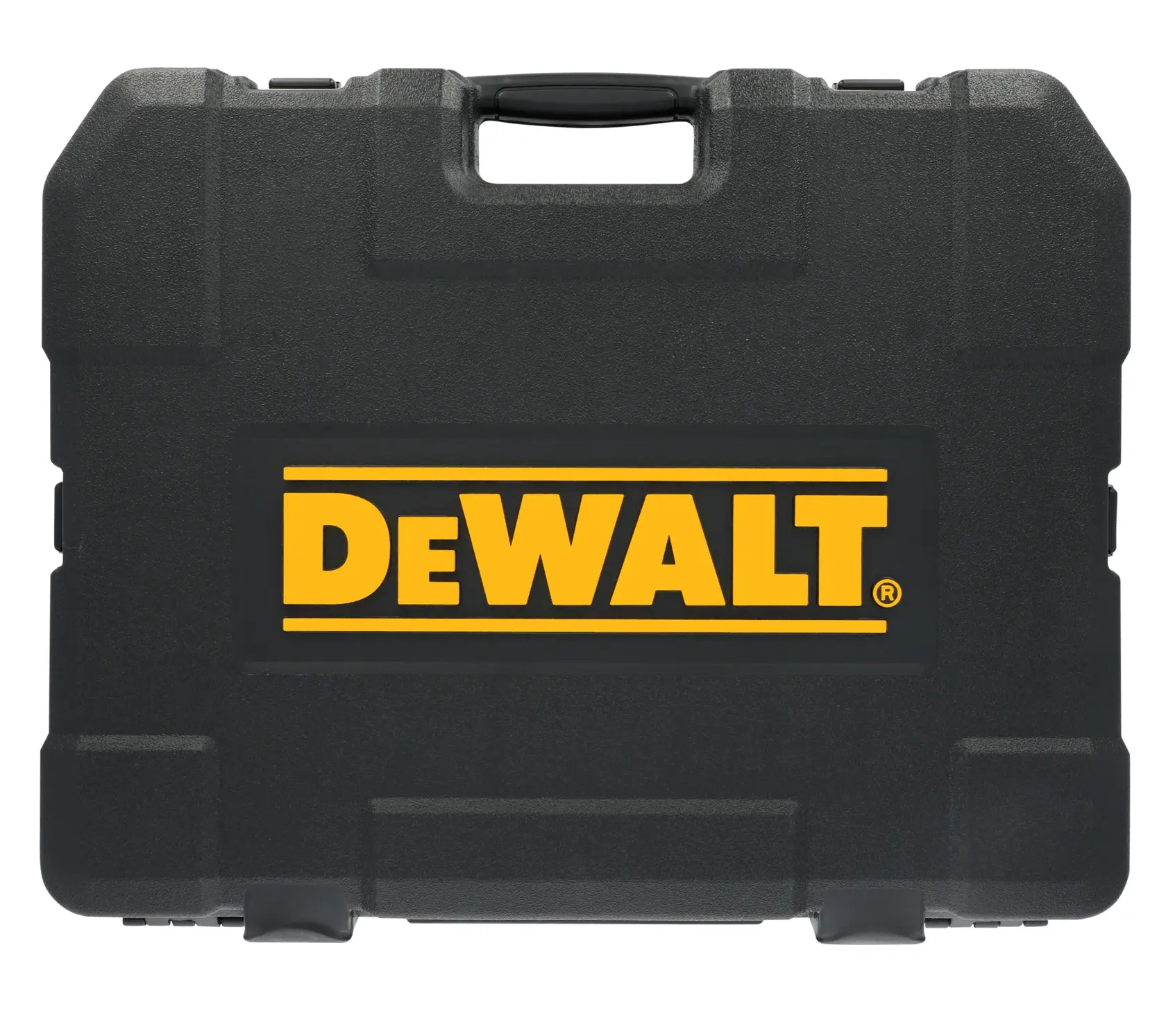 A black hard plastic carrying case with a handle, featuring the DEWALT logo in yellow on the front.