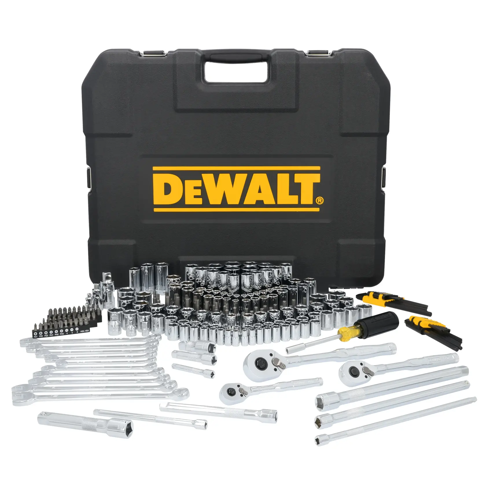 A DEWALT branded black carrying case is displayed behind an extensive set of assorted hand tools, including ratchets, sockets, wrenches, screwdriver bits, and extensions, all neatly arranged in front.